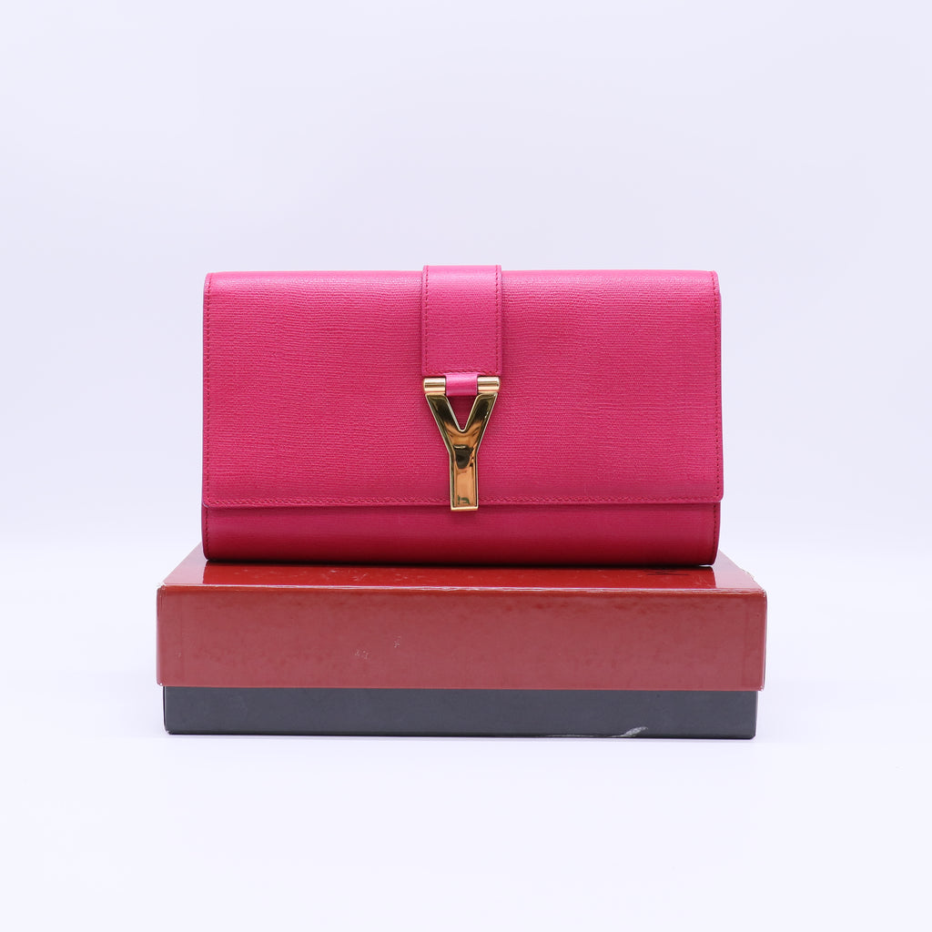 Saint Laurent Textured Calfskin Chyc Ligne Clutch Fuchsia twins W21062