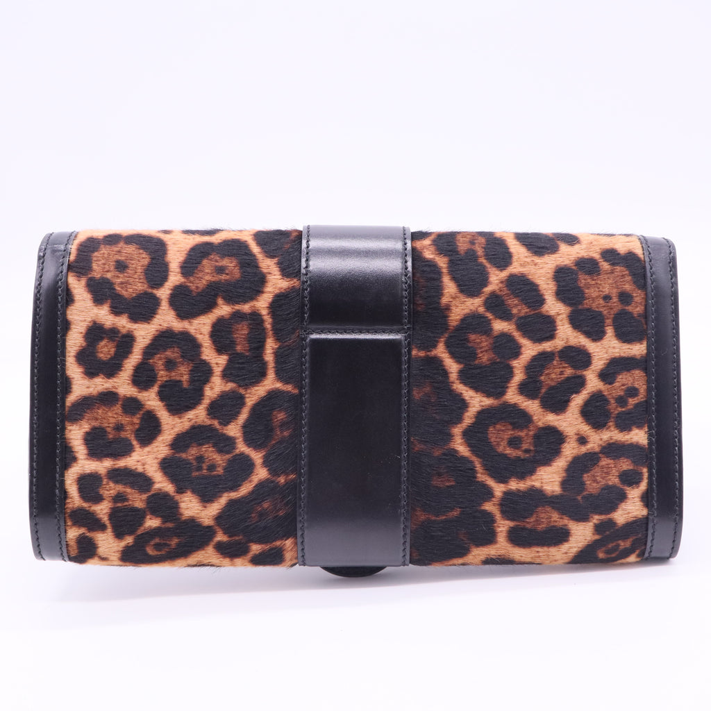 Brown/Black Leopard Print Calfhair and Leather Lady Buckle Clutch