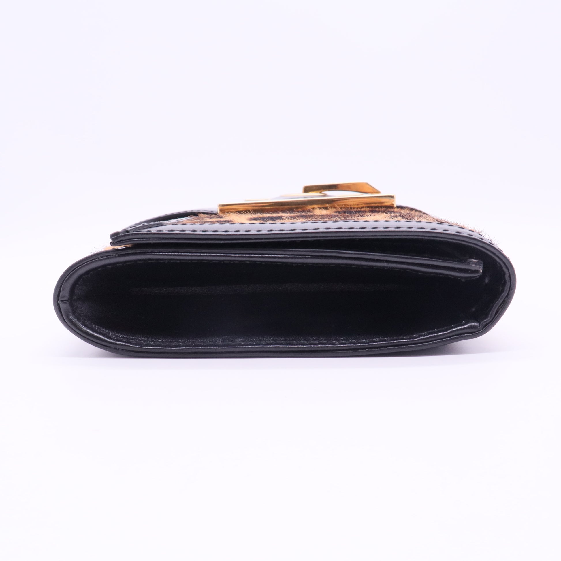 Brown/Black Leopard Print Calfhair and Leather Lady Buckle Clutch