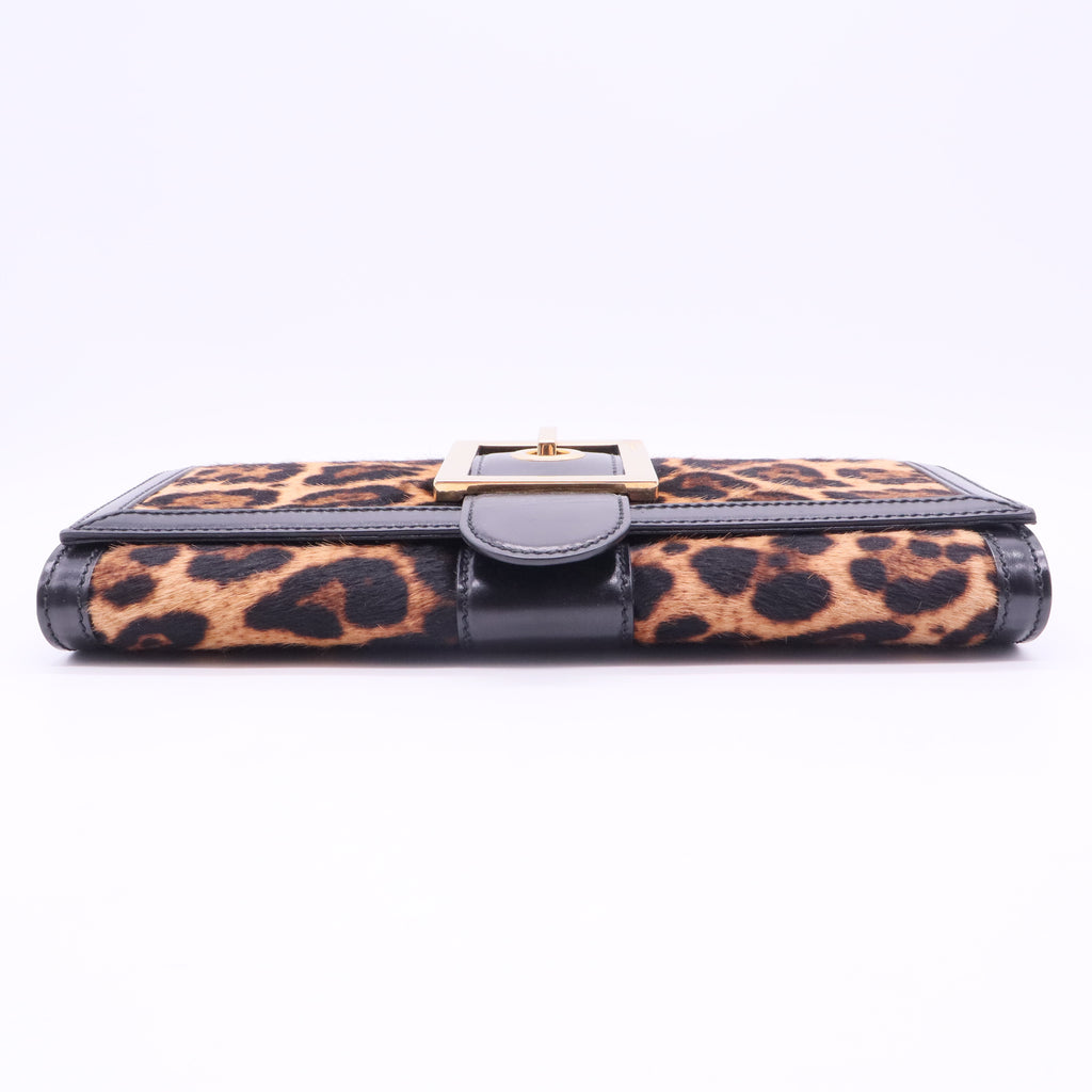 Brown/Black Leopard Print Calfhair and Leather Lady Buckle Clutch
