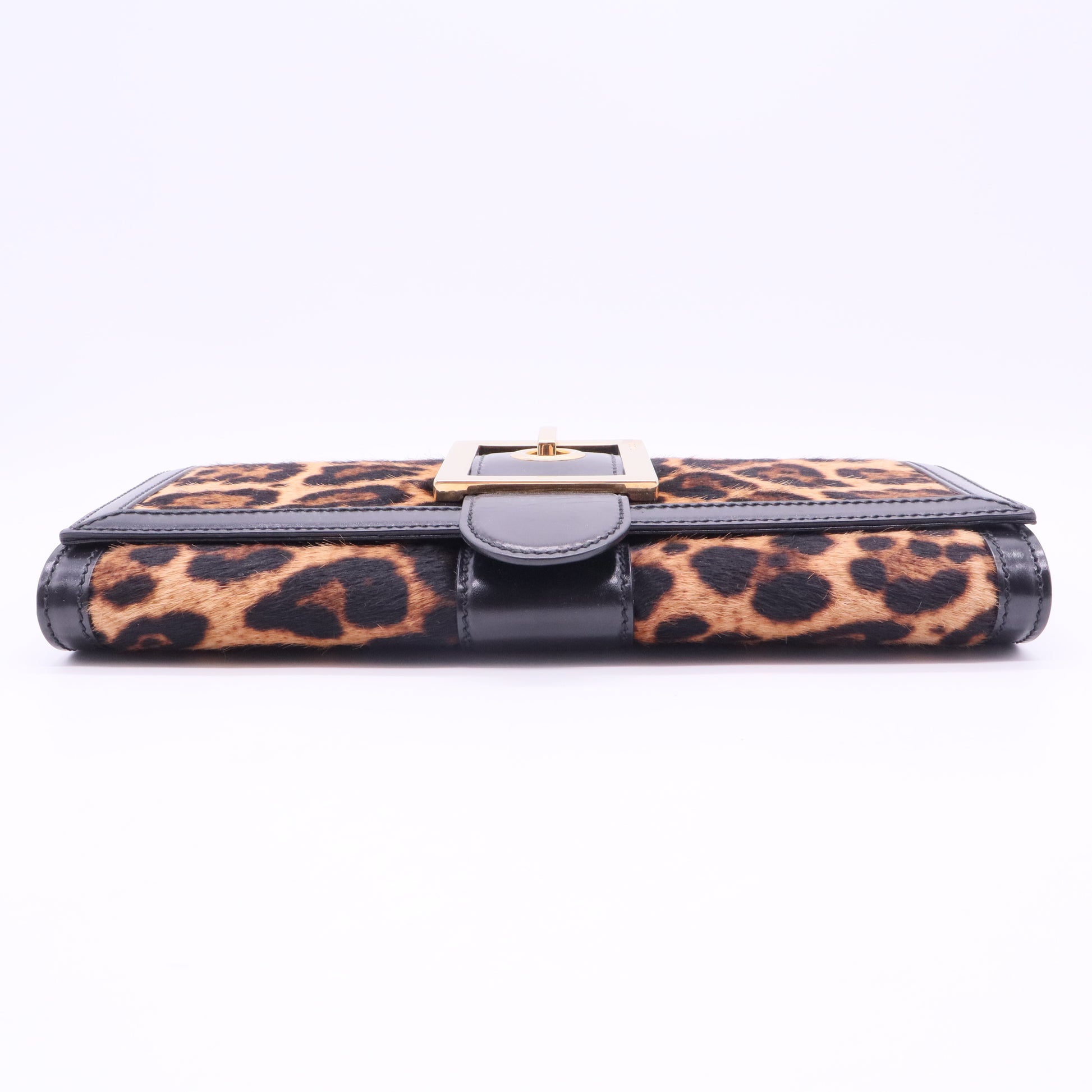 Brown/Black Leopard Print Calfhair and Leather Lady Buckle Clutch