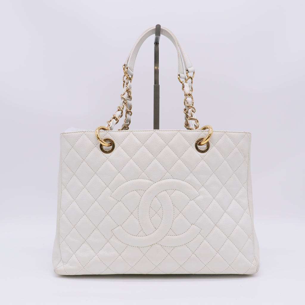 Chanel  White Quilted Caviar Leather Grand Shopping Tote Bag LDZ542