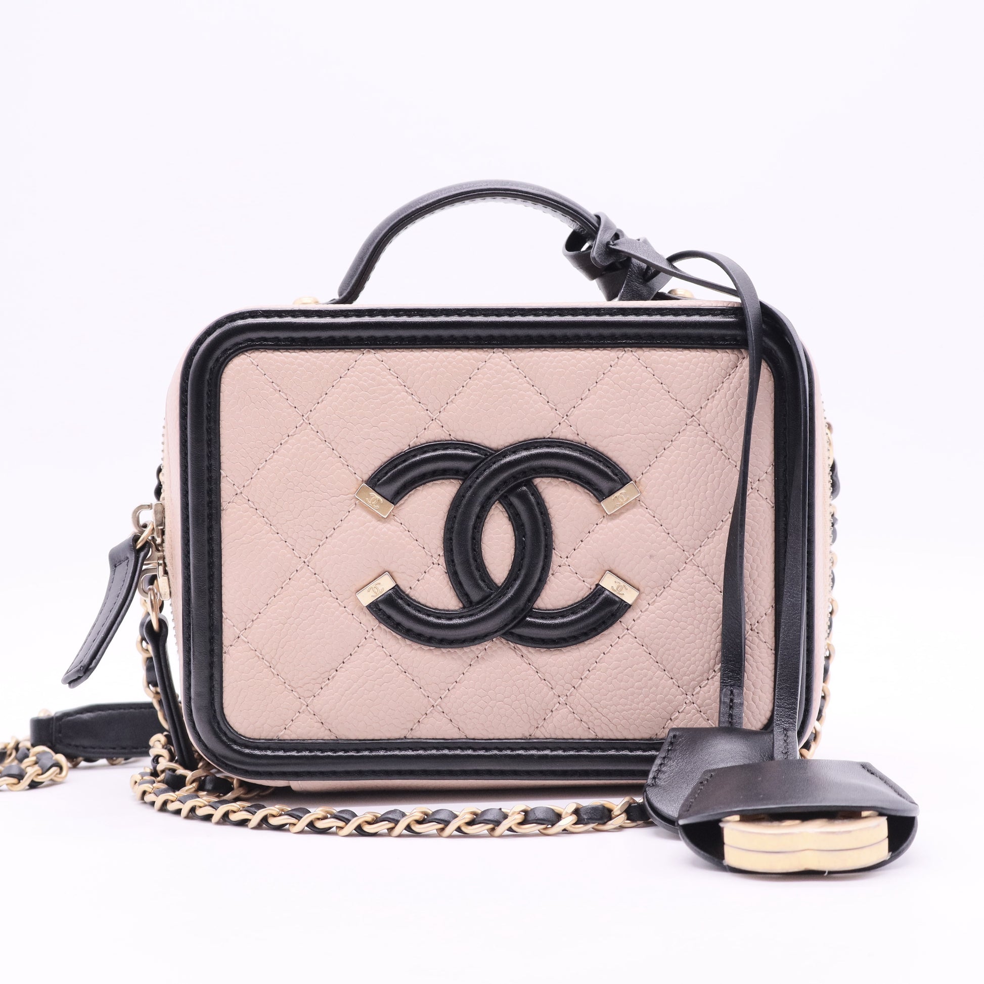 Caviar Quilted Small CC Filigree Vanity Case Beige Black