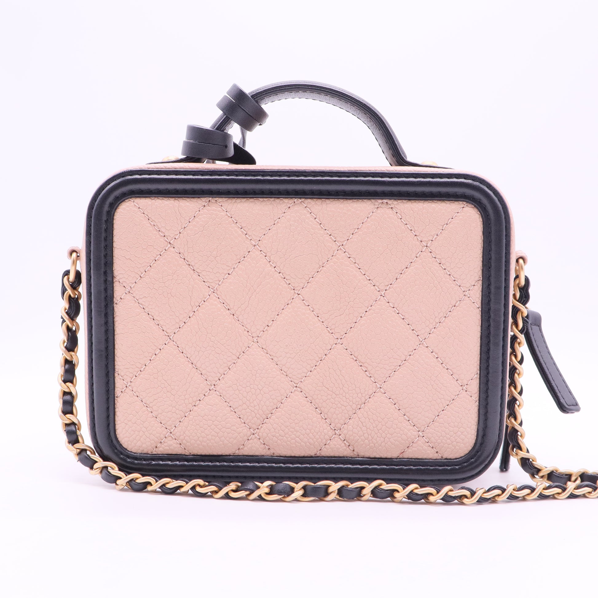 Caviar Quilted Small CC Filigree Vanity Case Beige Black