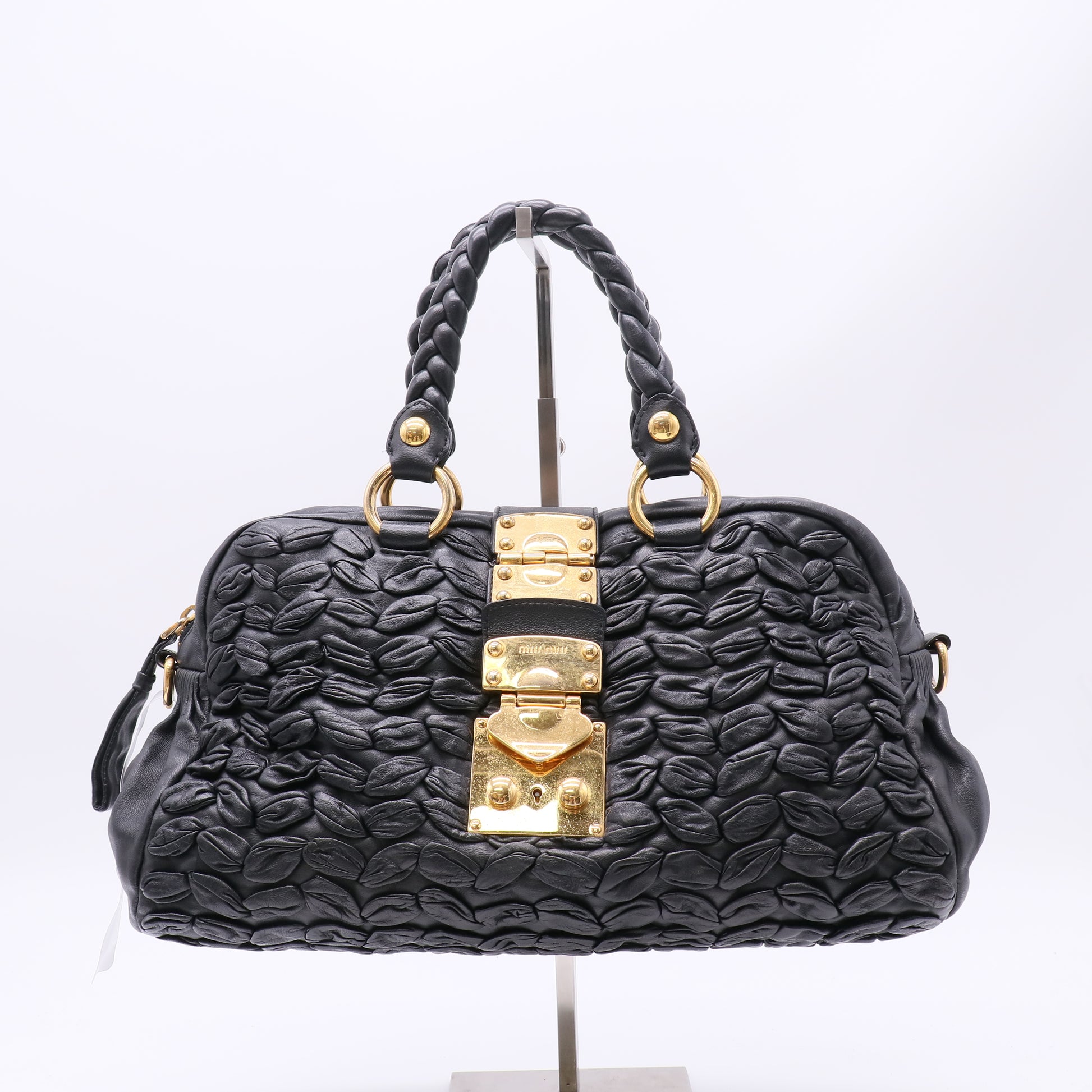 Miu Miu Handbag Crumpled Lambskin Black Twins B23998