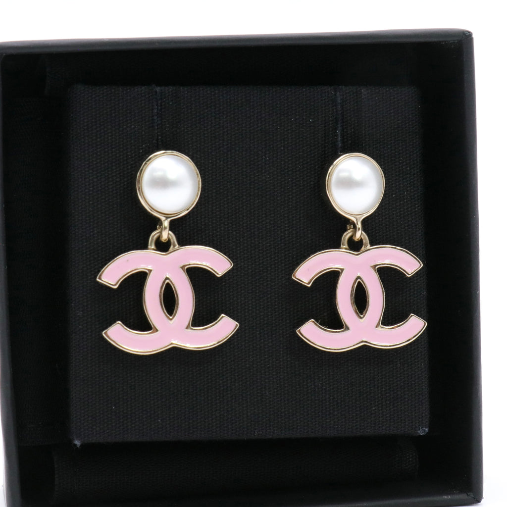 Enamel Pearl CC Cha-Nel Drop Earrings Gold