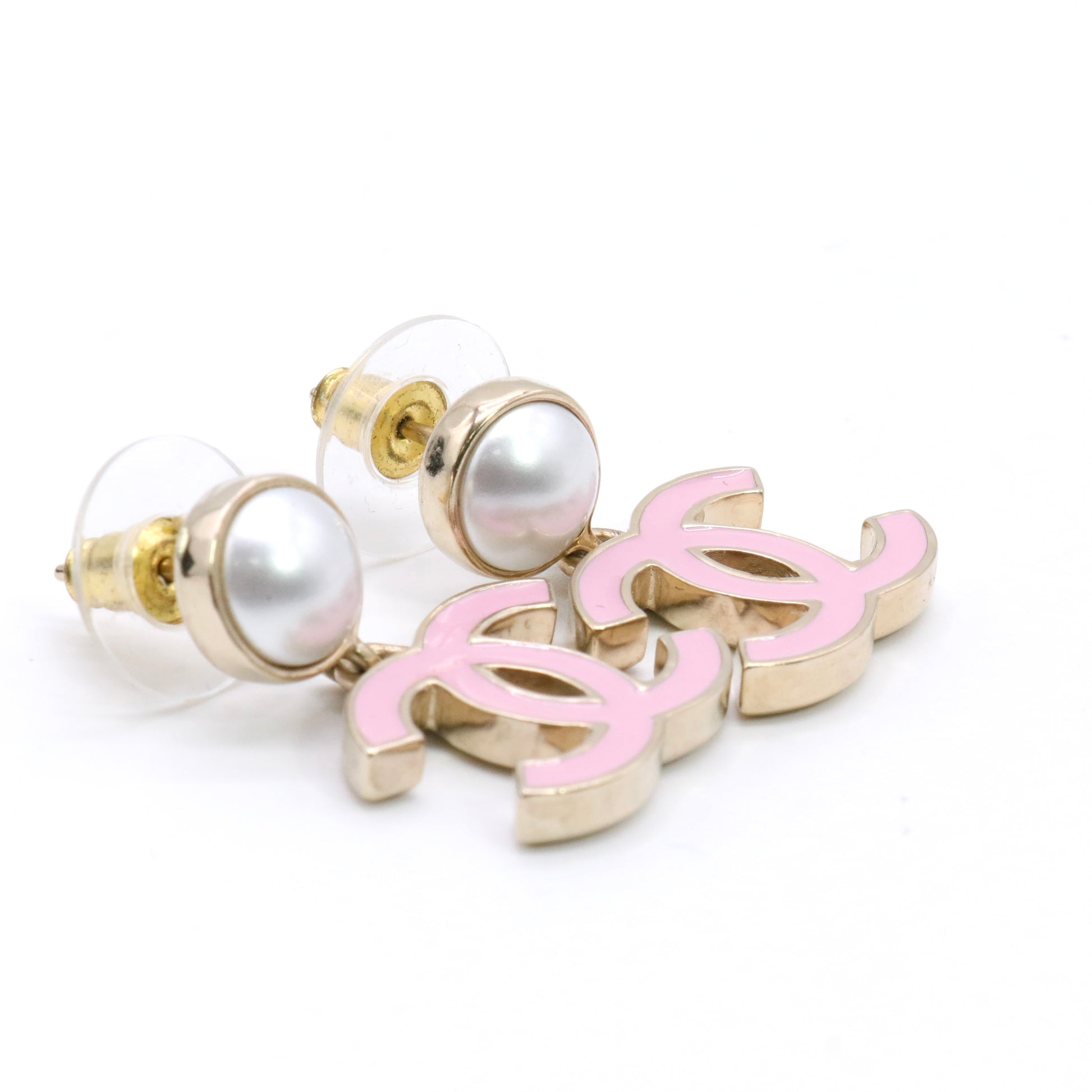 Enamel Pearl CC Cha-Nel Drop Earrings Gold