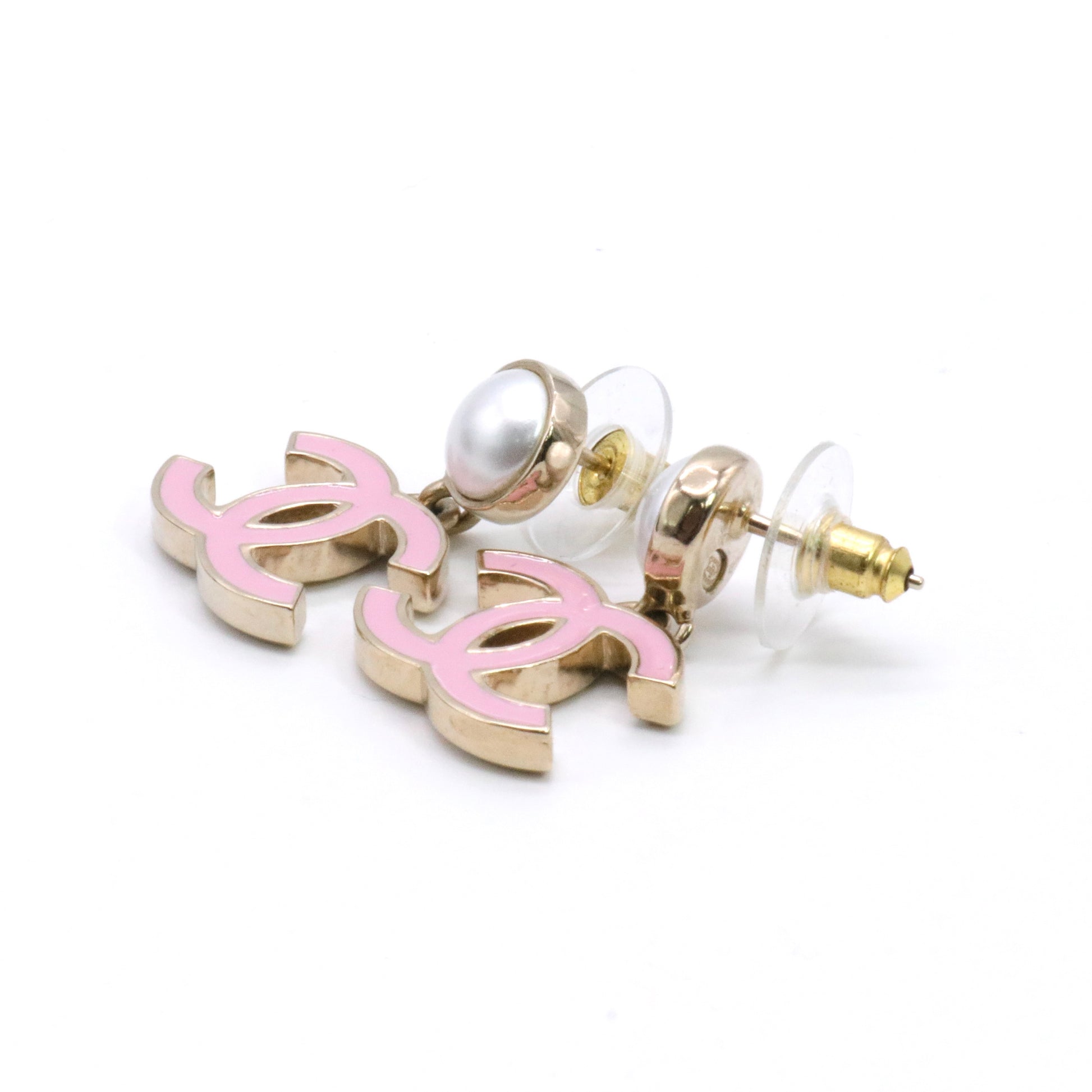 Enamel Pearl CC Cha-Nel Drop Earrings Gold