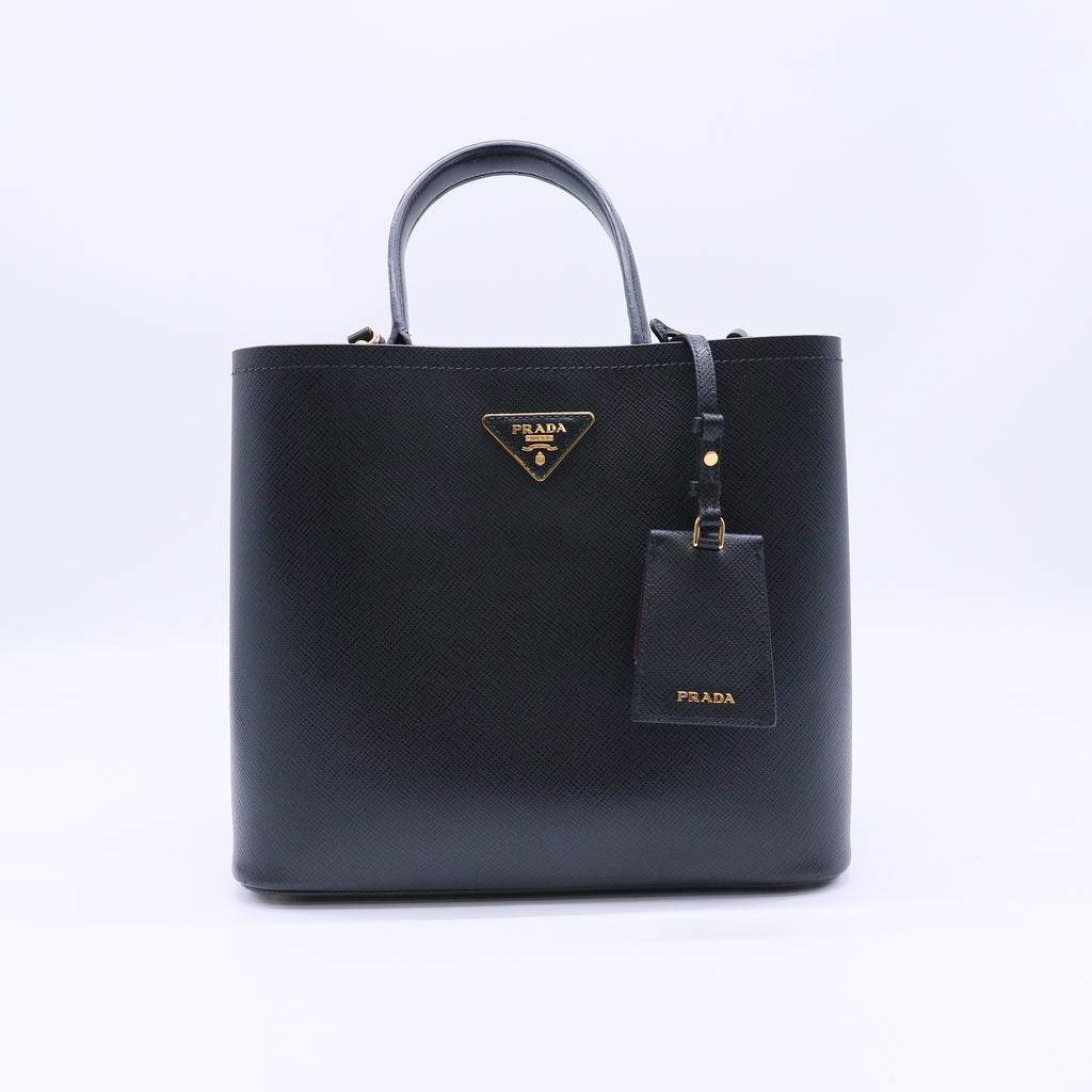 Prada Saffiano Cuir Medium Panier Bucket Bag Black Fuoco Twins LDJ4265