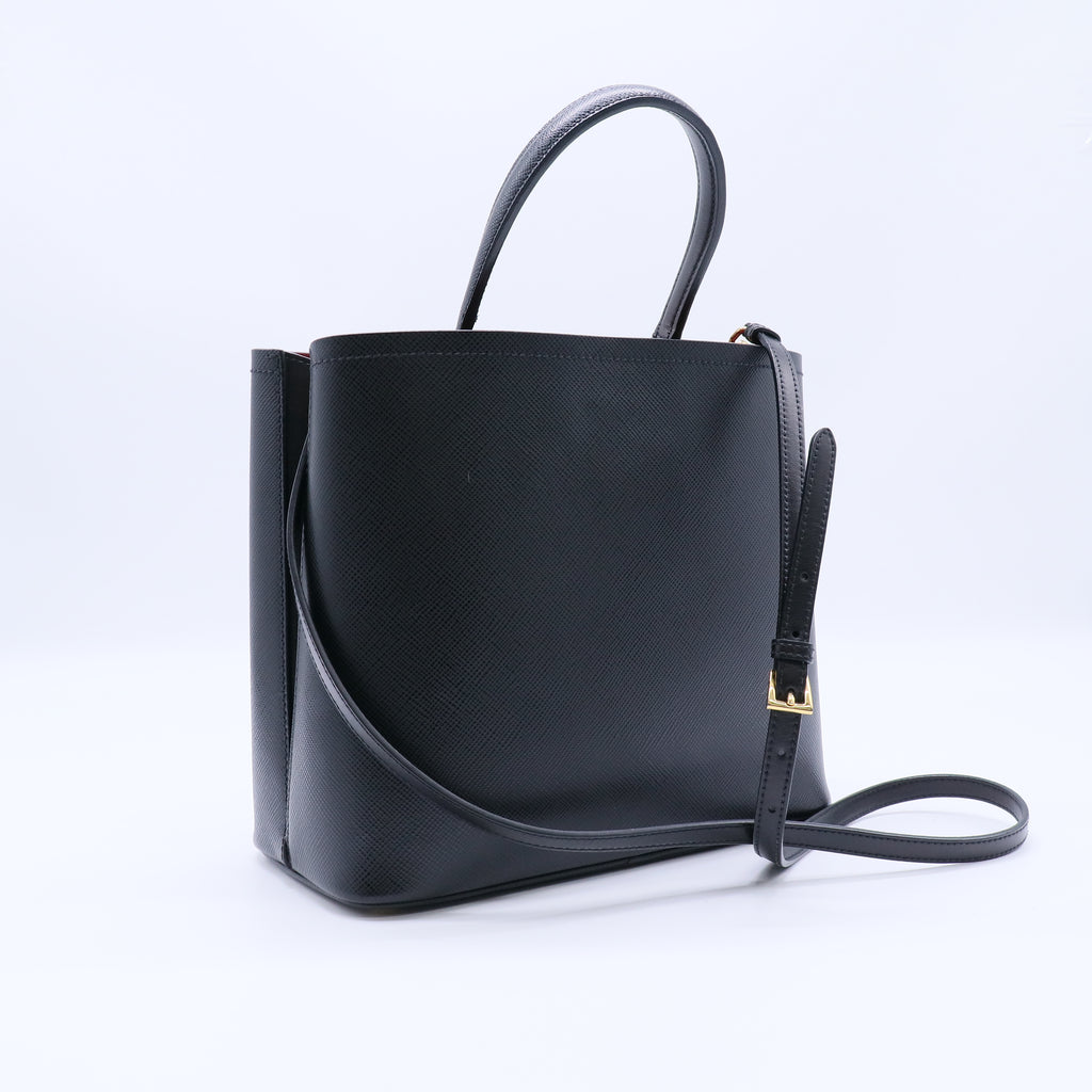 Prada Saffiano Cuir Medium Panier Bucket Bag Black Fuoco Twins LDJ4265