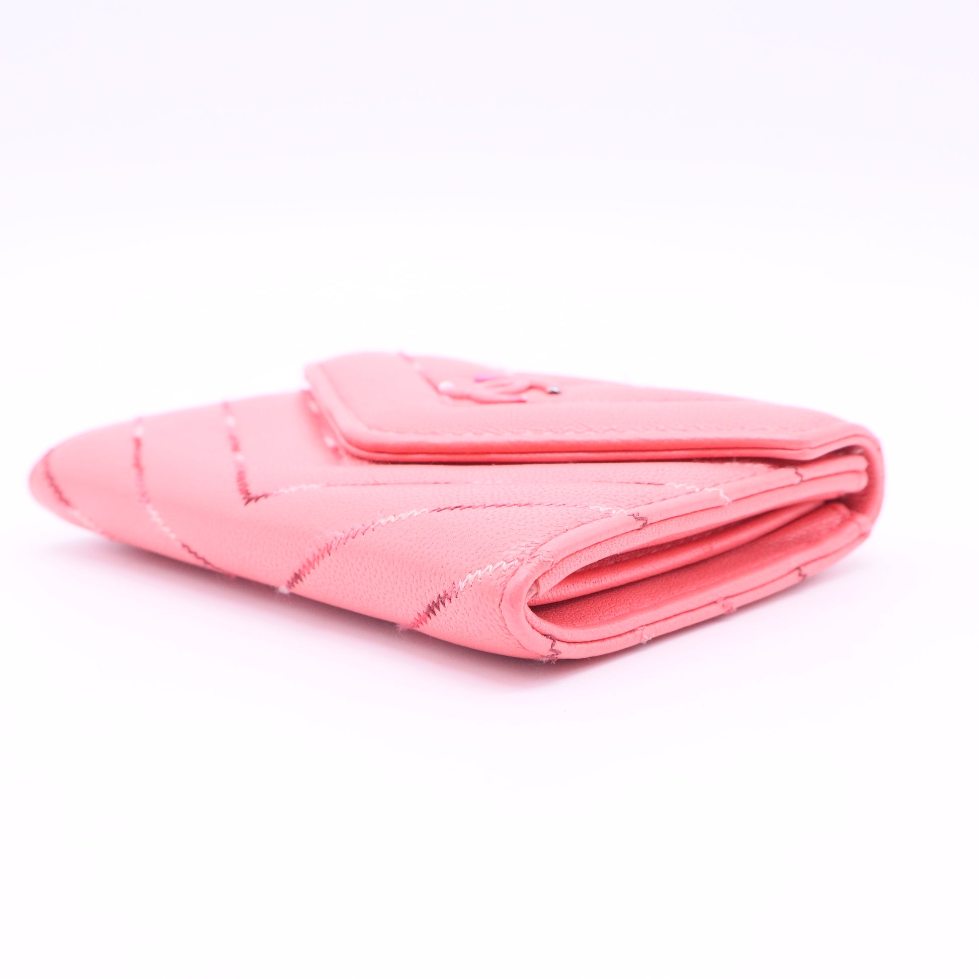 Chevron Lambskin Compact Wallet Pink