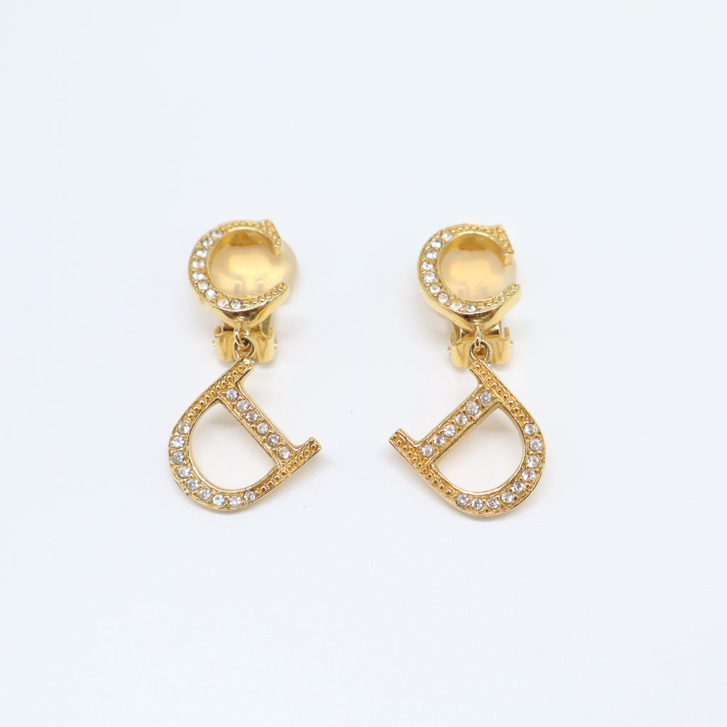 Christian Dior Vintage Crystal CD Logo Drop Clip-On Earrings W21752