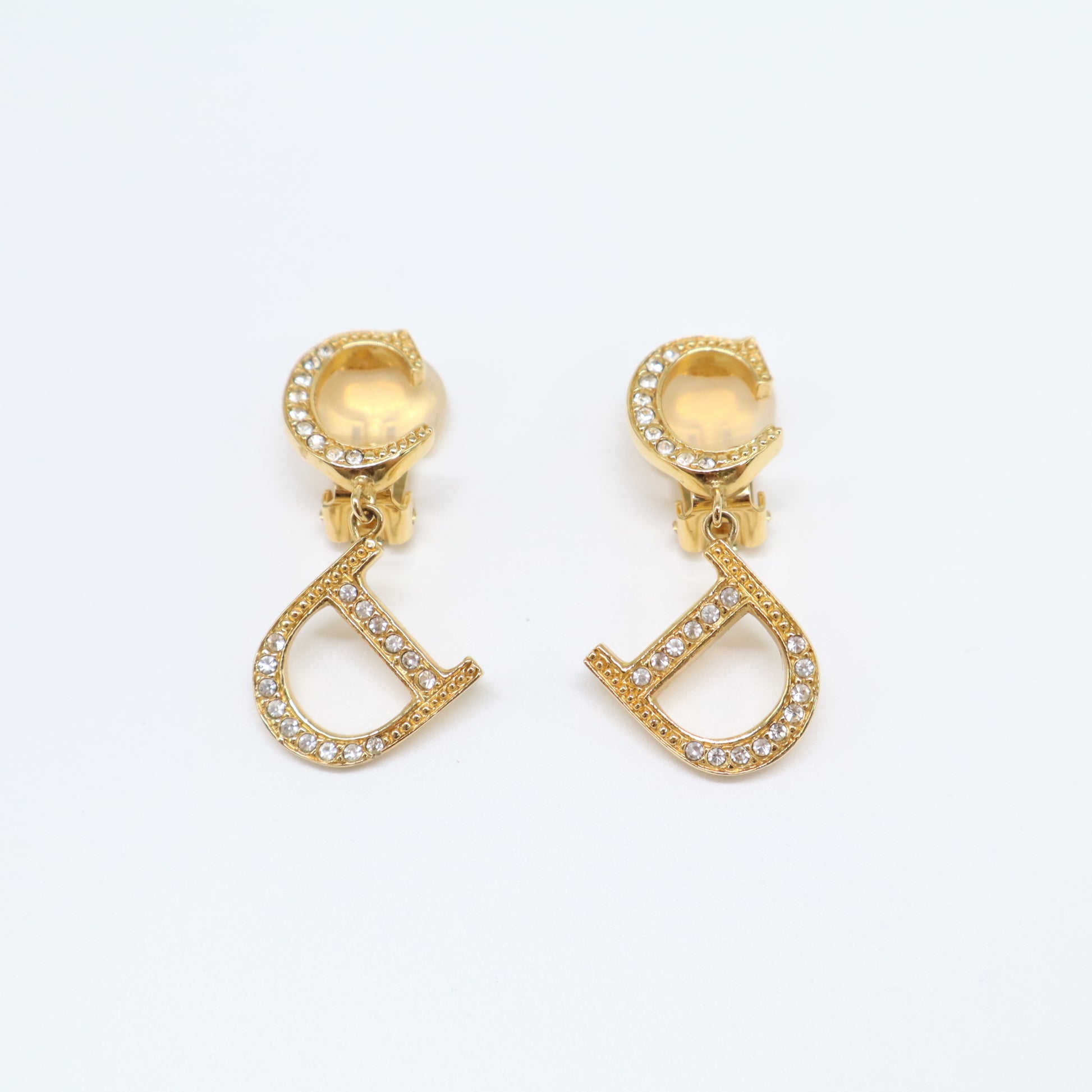 Christian Dior Vintage Crystal CD Logo Drop Clip-On Earrings W21752