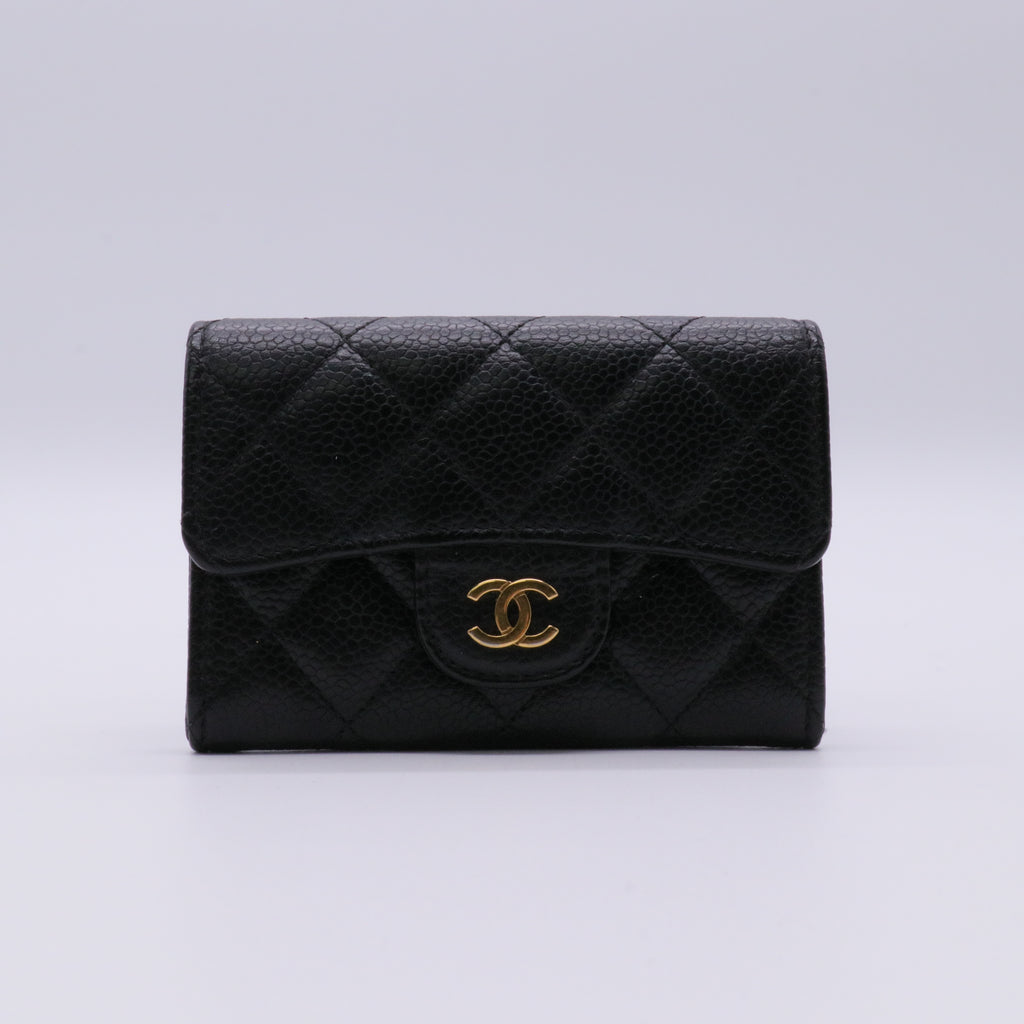 Caviar Quilted Compact Flap Wallet Black twins