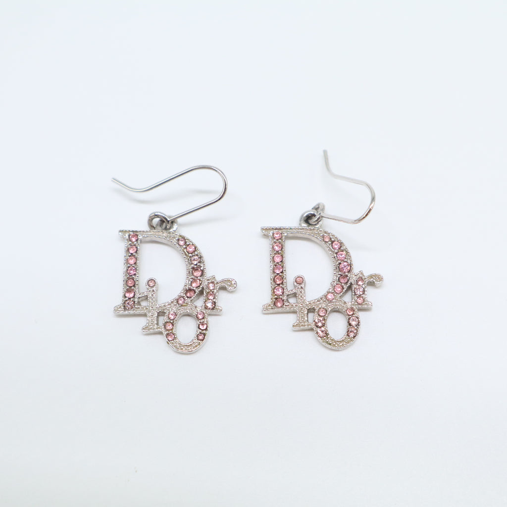 Dior Vintage Pink Crystal Oblique Logo Drop Hook Earrings W21755