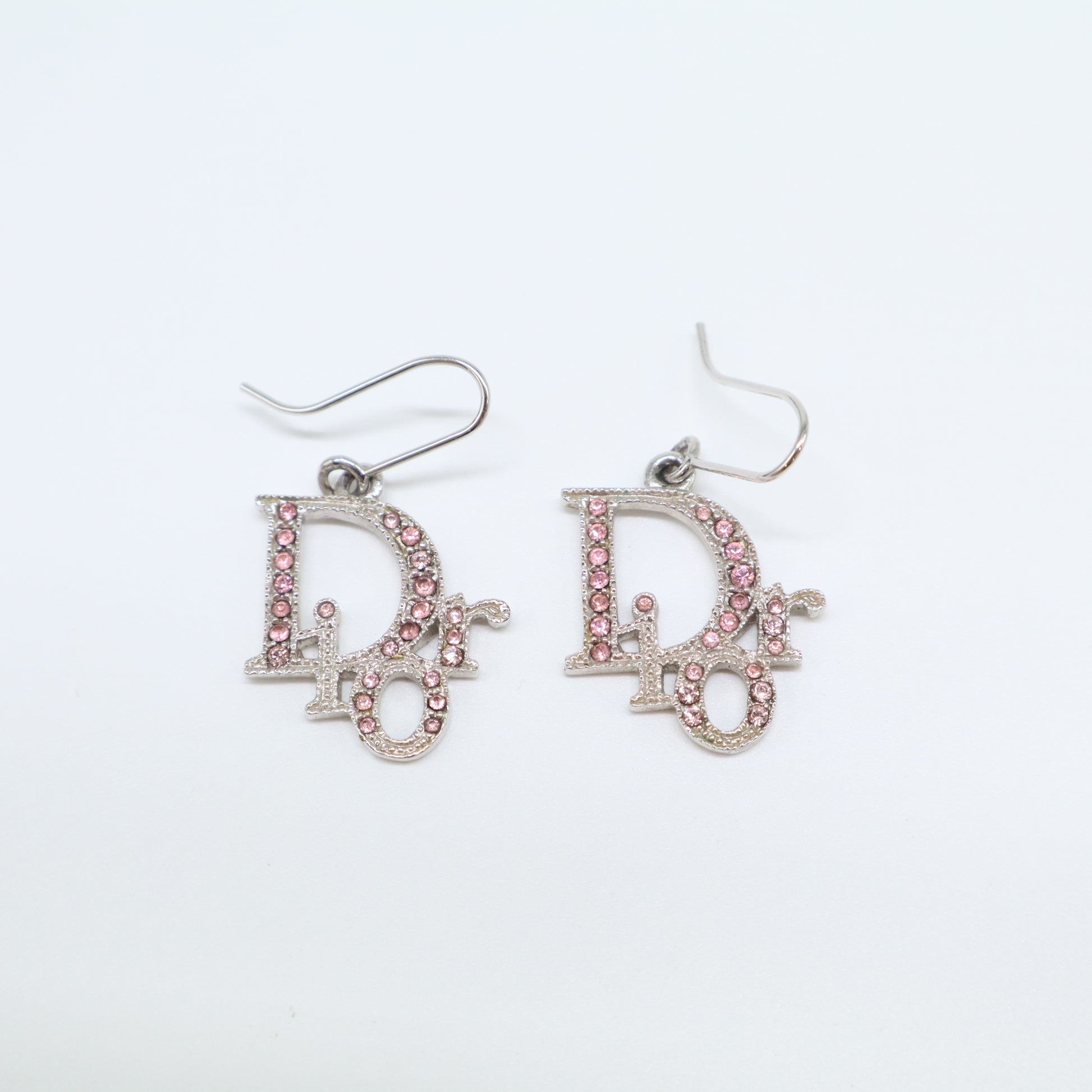 Dior Vintage Pink Crystal Oblique Logo Drop Hook Earrings W21755