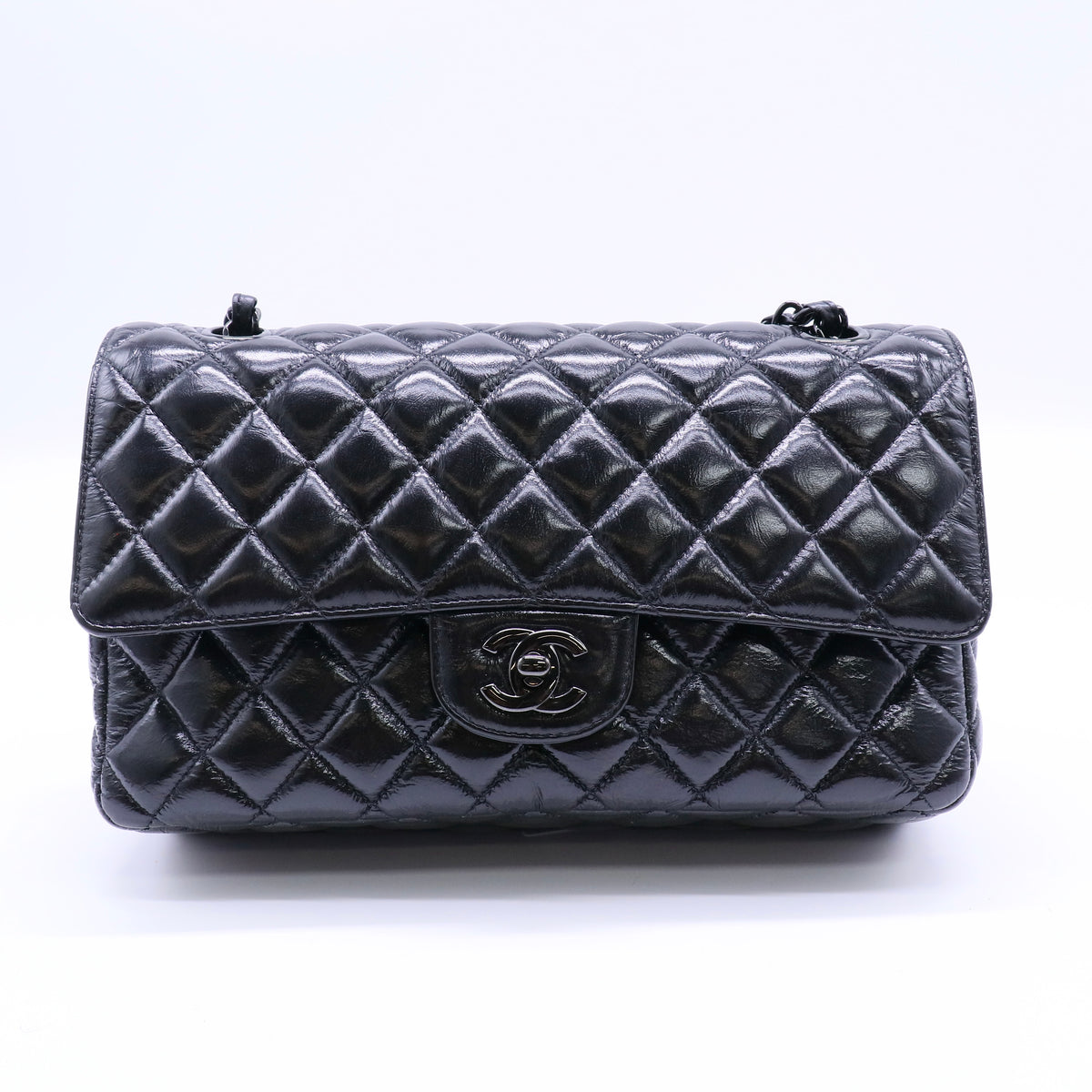 Chanel So Black Classic Double Flap Bag Quilted Shiny Crumpled Calfskin Small Twins LDJ4267