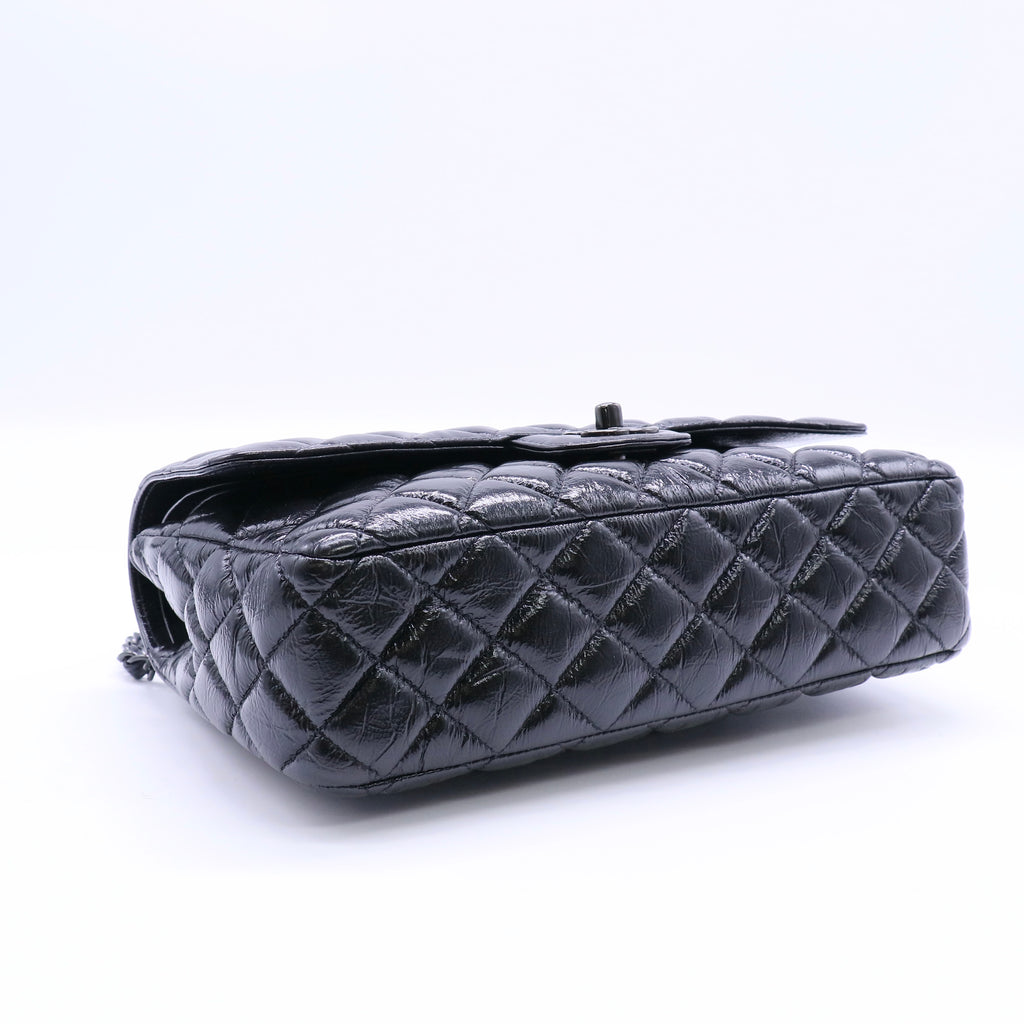 Chanel So Black Classic Double Flap Bag Quilted Shiny Crumpled Calfskin Small Twins LDJ4267