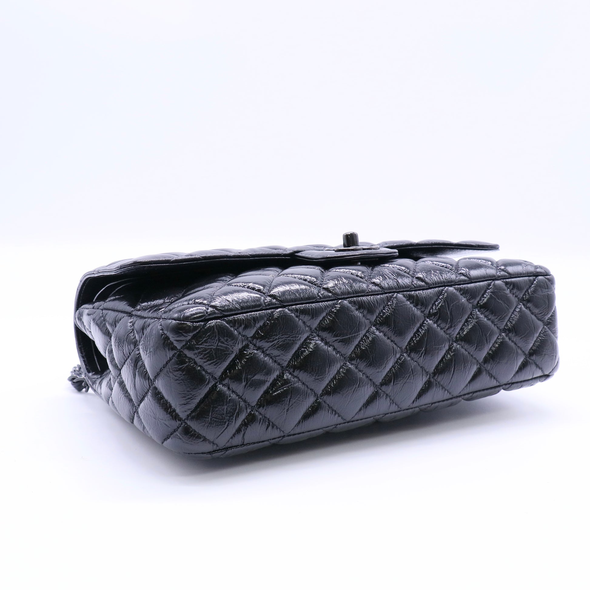 Chanel So Black Classic Double Flap Bag Quilted Shiny Crumpled Calfskin Small Twins LDJ4267