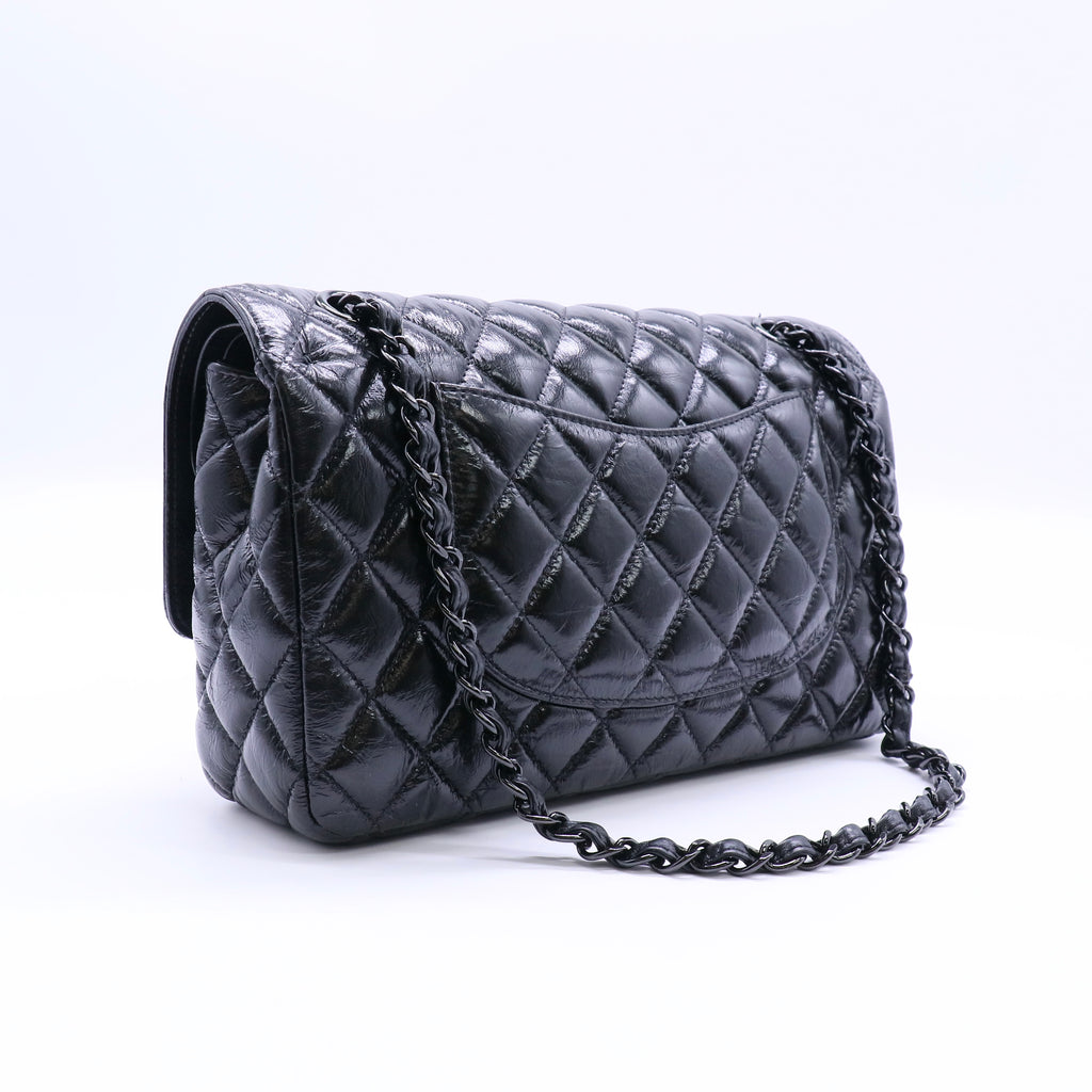 Chanel So Black Classic Double Flap Bag Quilted Shiny Crumpled Calfskin Small Twins LDJ4267