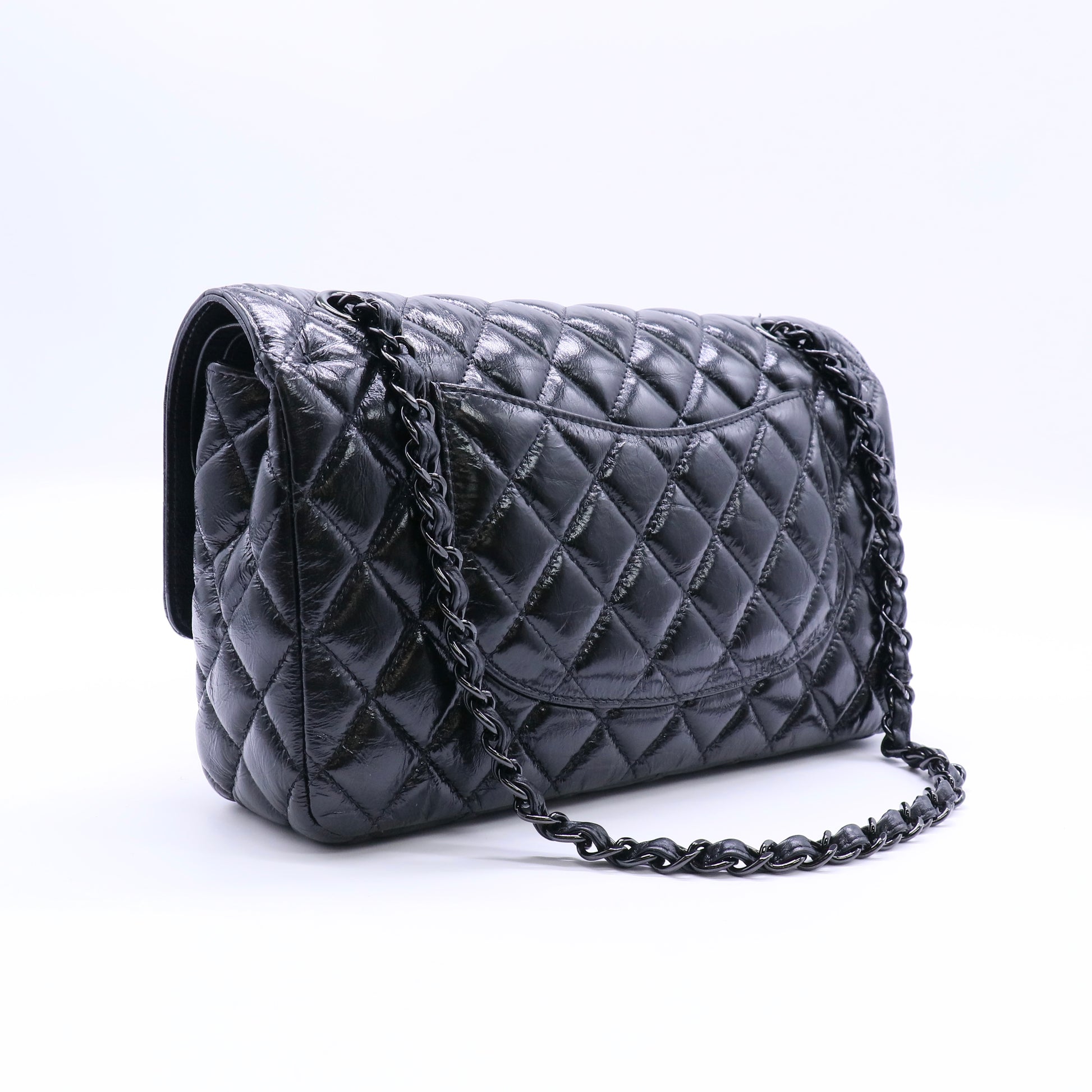 Chanel So Black Classic Double Flap Bag Quilted Shiny Crumpled Calfskin Small Twins LDJ4267