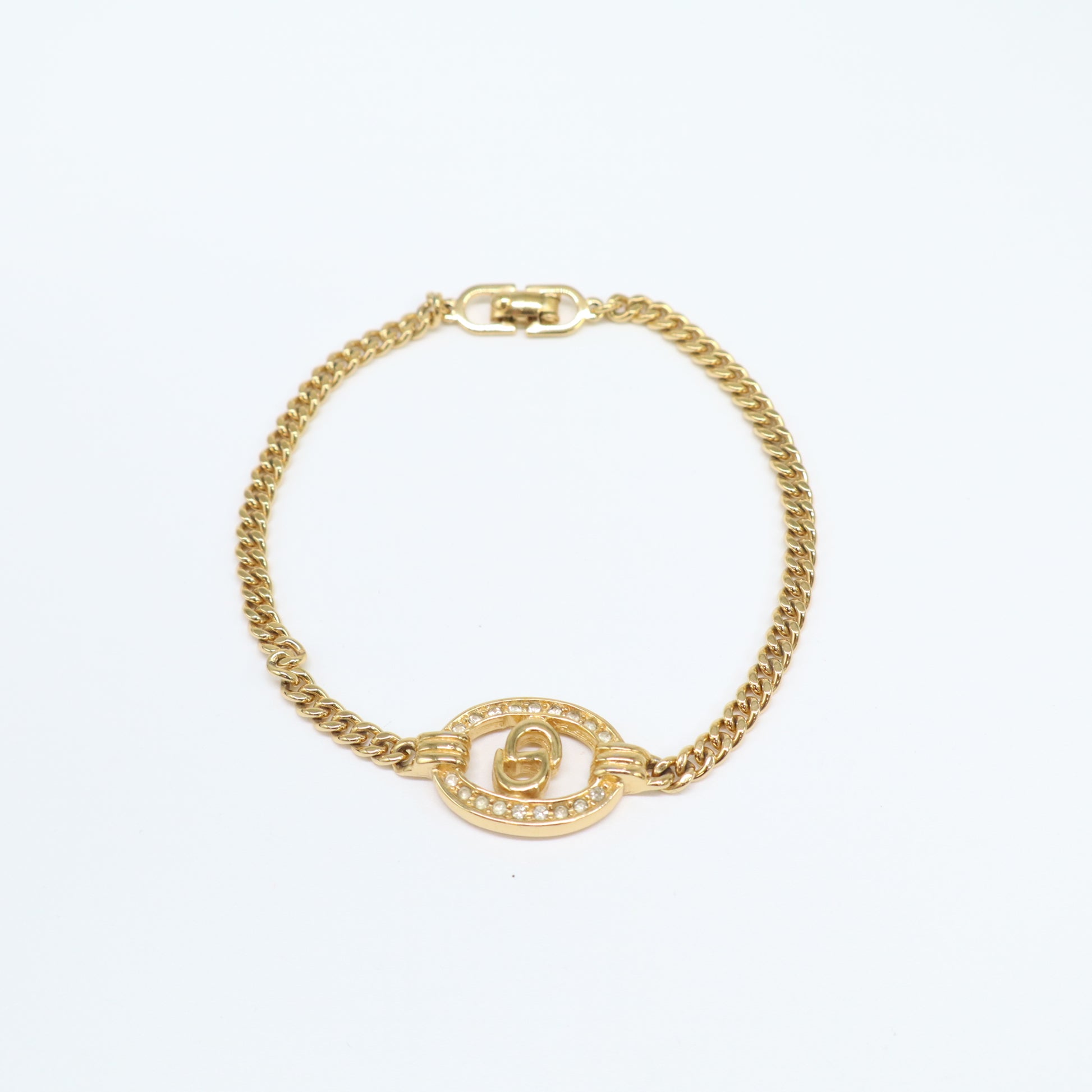 Dior Vintage Crystal Oval CD Logo Curb Chain Bracelet W21756