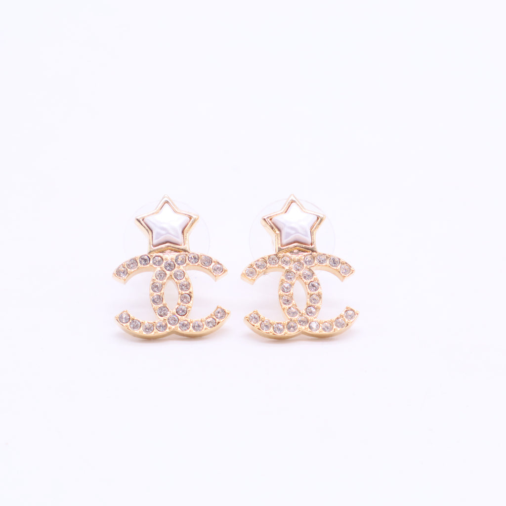 Pearl Crystal CC Star Earrings Gold