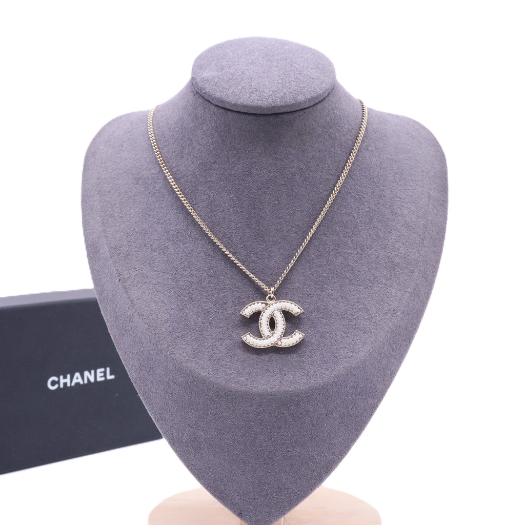 Crystal Pearl CC Pendant Necklace Gold
