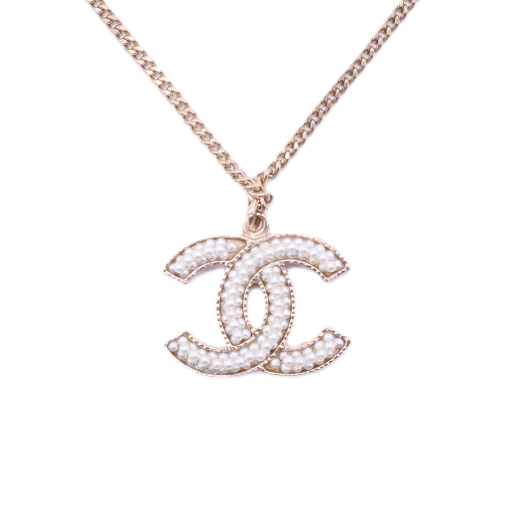 Crystal Pearl CC Pendant Necklace Gold