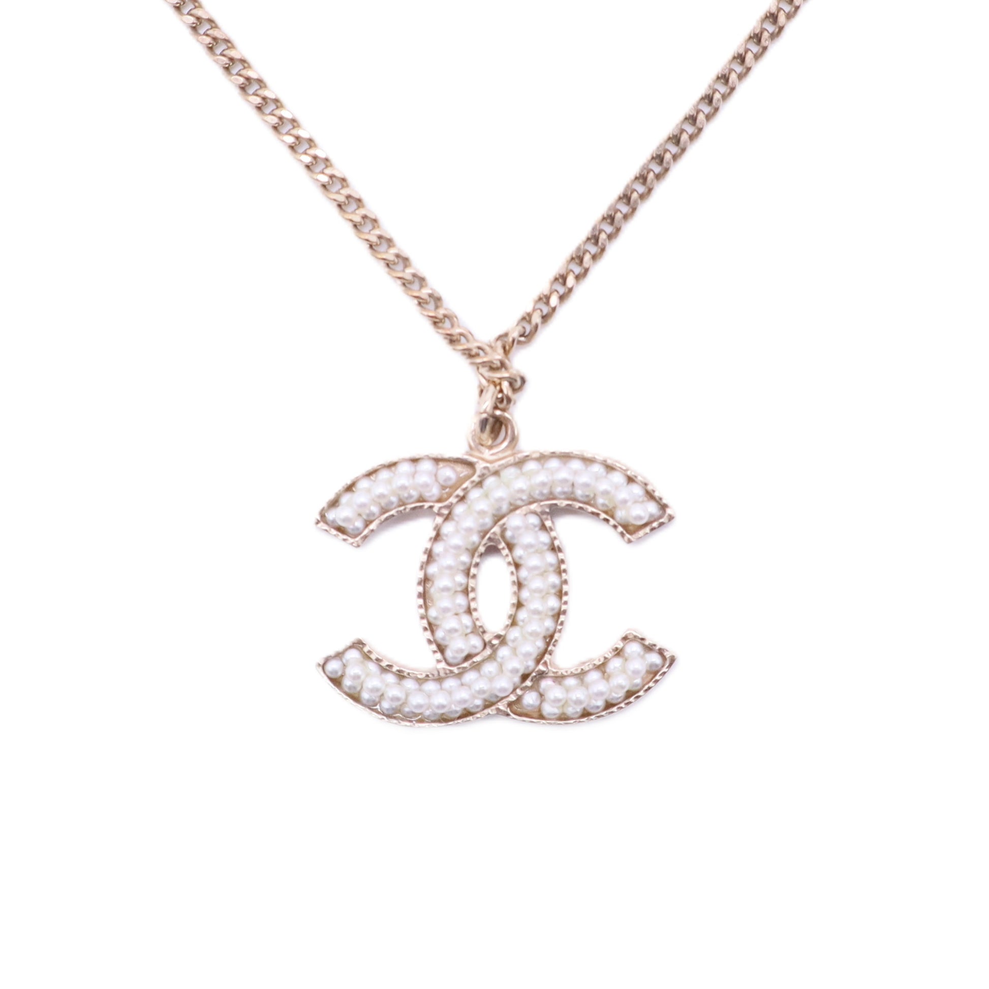 Crystal Pearl CC Pendant Necklace Gold