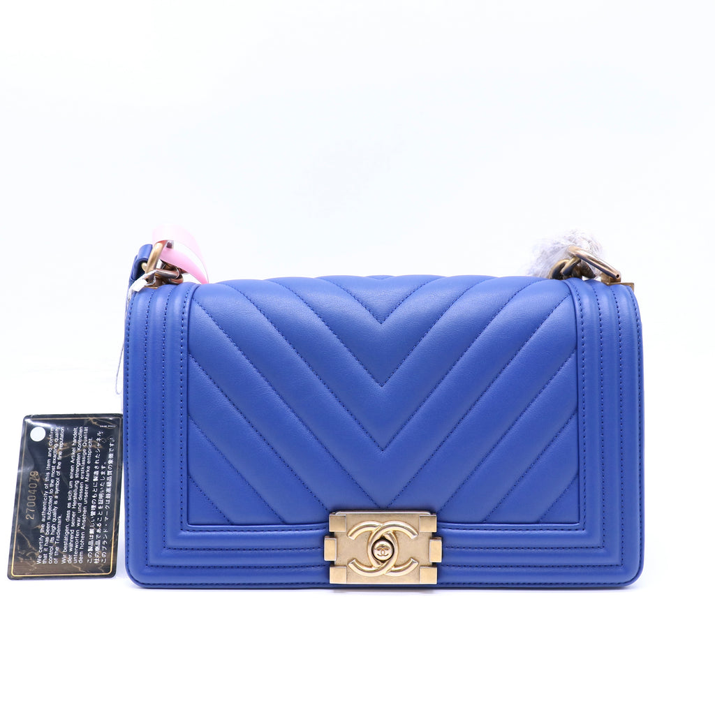 Chanel Chevron Quilted Medium Boy Flap Bag Royal Blue Twins LDJ4302