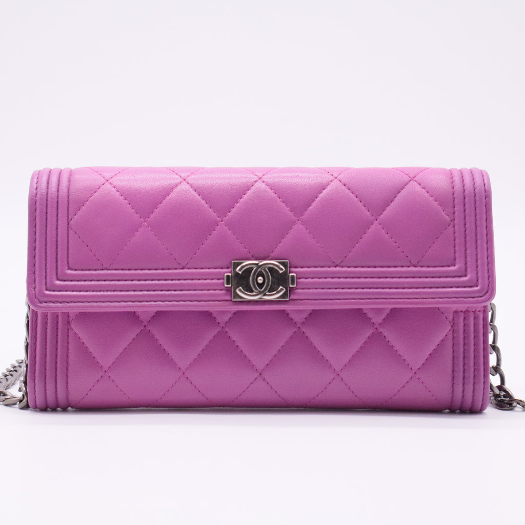 Caviar Quilted Large Boy Gusset Flap Wallet on chain Fuchsia