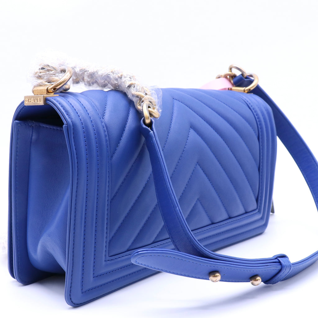 Chanel Chevron Quilted Medium Boy Flap Bag Royal Blue Twins LDJ4302