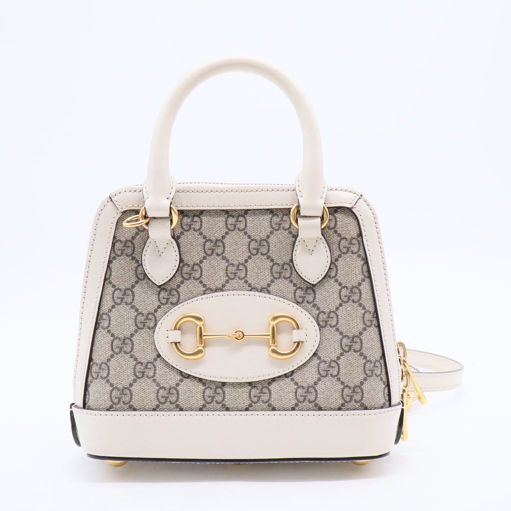 GG Supreme Monogram Azalea Calfskin Mini Horsebit 1955 Top Handle Bag Beige Ebony Mystic White B20308