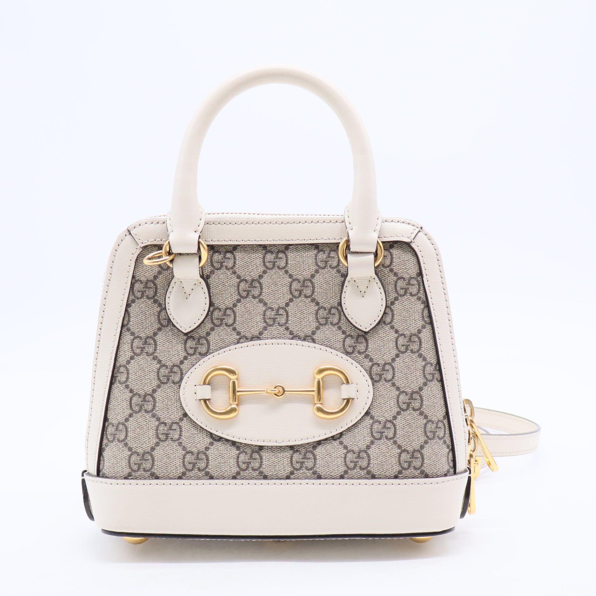 GG Supreme Monogram Azalea Calfskin Mini Horsebit 1955 Top Handle Bag Beige Ebony Mystic White B20308