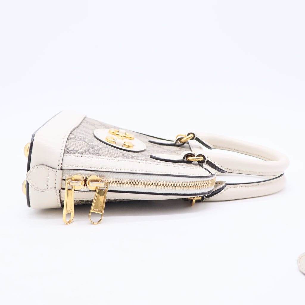 GG Supreme Monogram Azalea Calfskin Mini Horsebit 1955 Top Handle Bag Beige Ebony Mystic White B20308