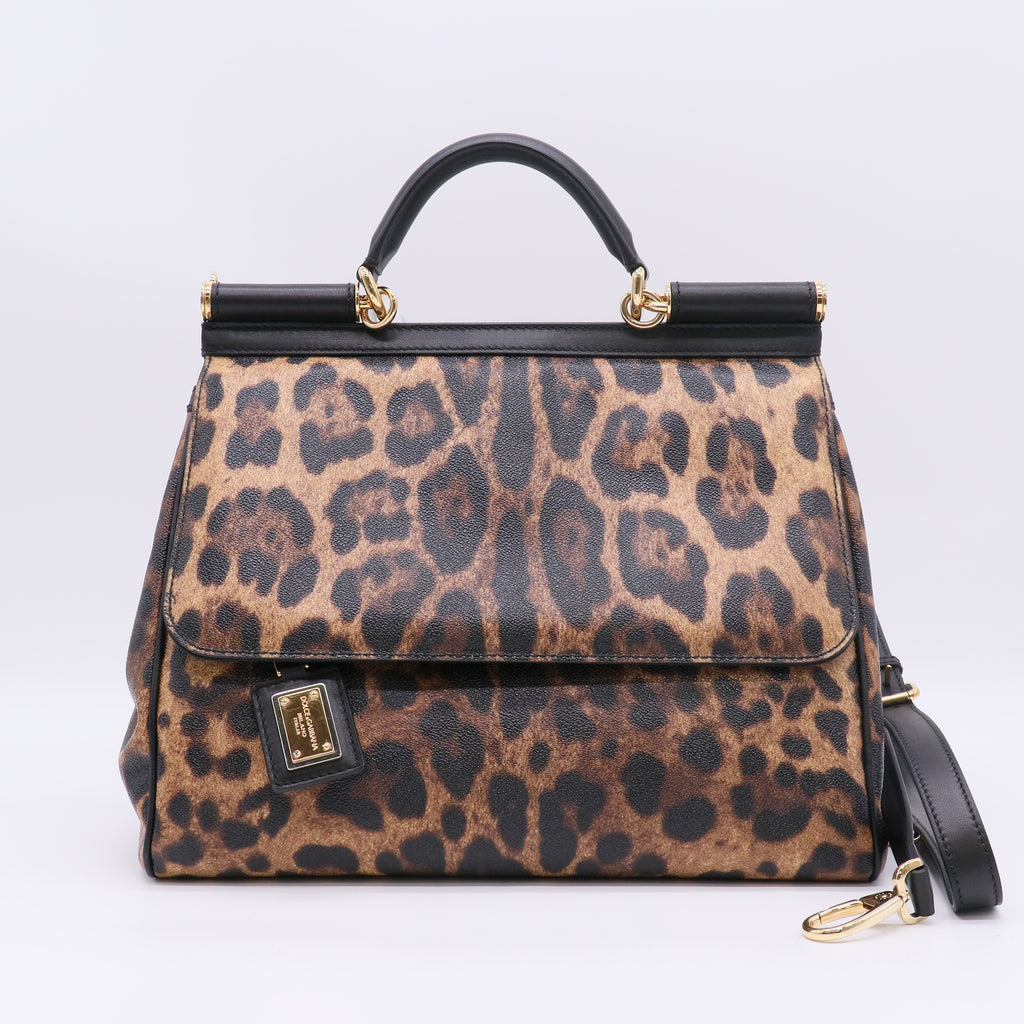 Brown/Black Leopard Print Coated Canvas and Leather Large Miss Sicily Top Handle Bag B23415