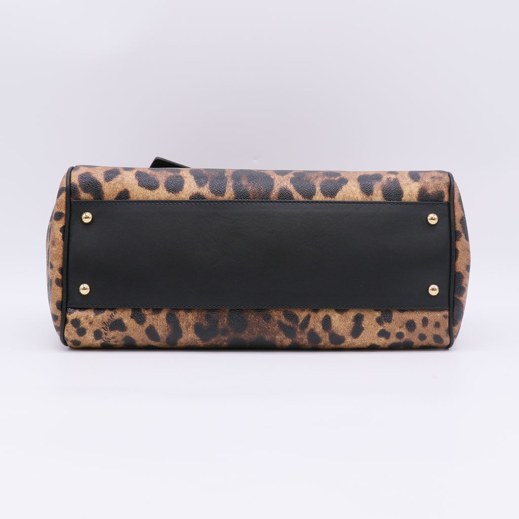 Brown/Black Leopard Print Coated Canvas and Leather Large Miss Sicily Top Handle Bag B23415