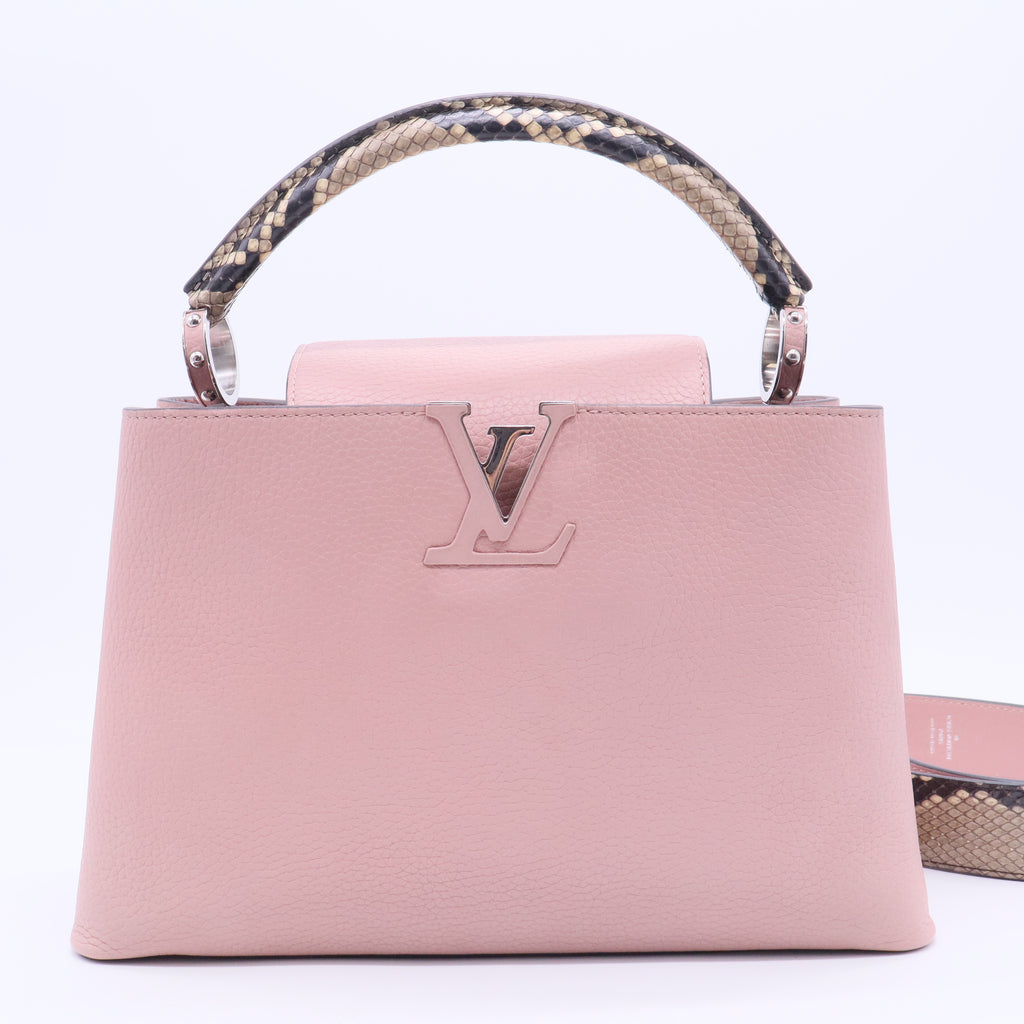 Capucines BB handbag in pink Taurillon leather with a python handle