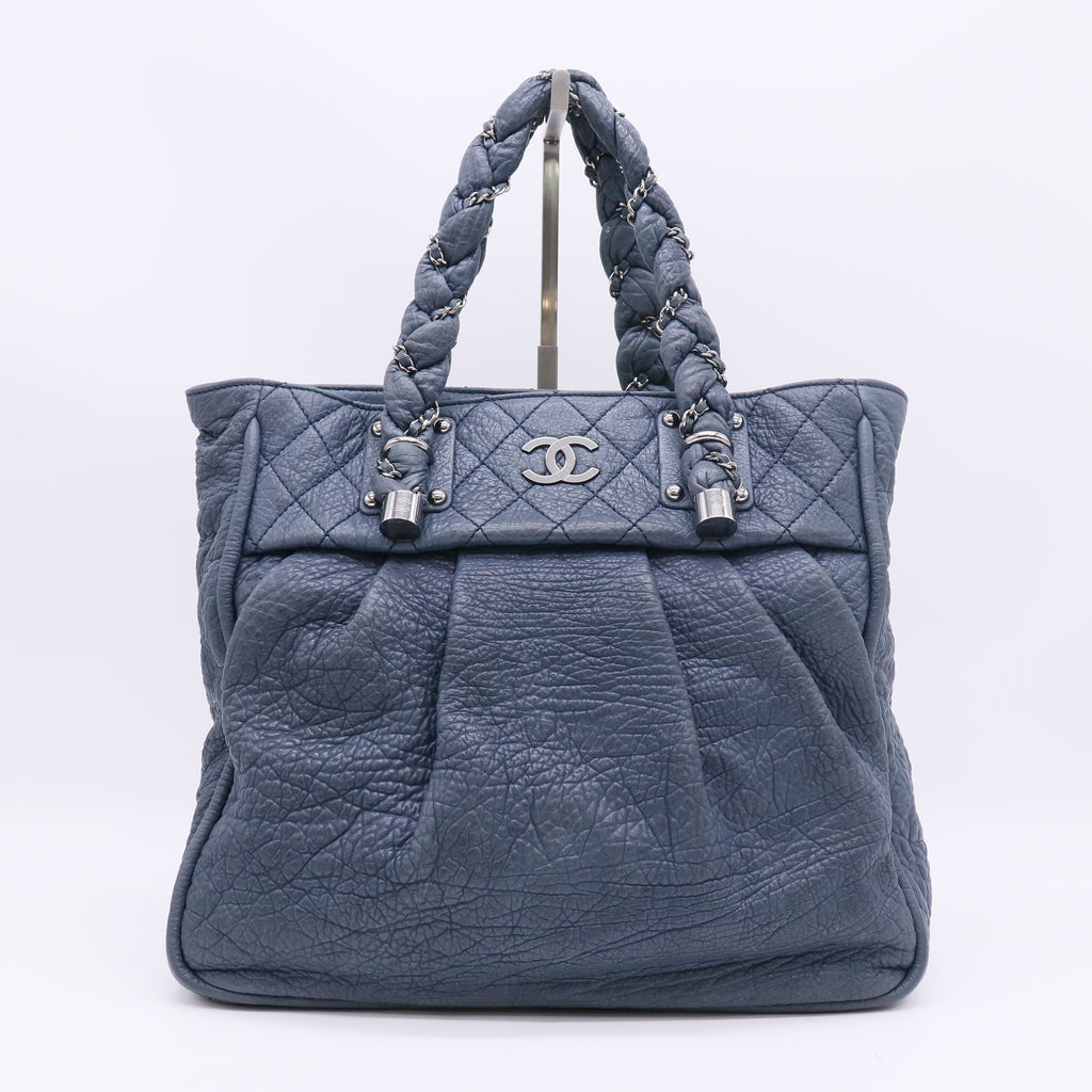 Blue Grained Leather Lady Braid Large Tote Bag B23413