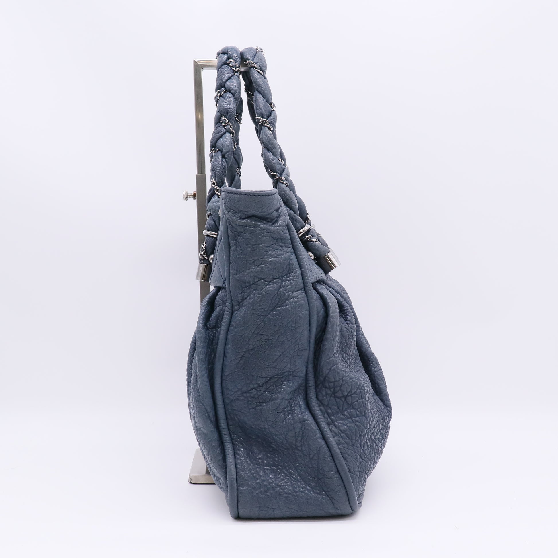 Blue Grained Leather Lady Braid Large Tote Bag B23413