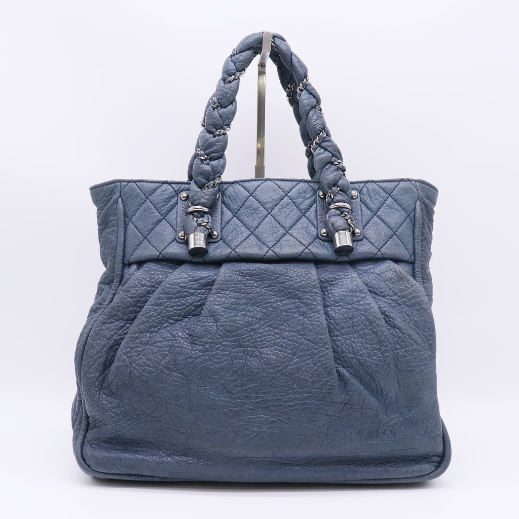 Blue Grained Leather Lady Braid Large Tote Bag B23413