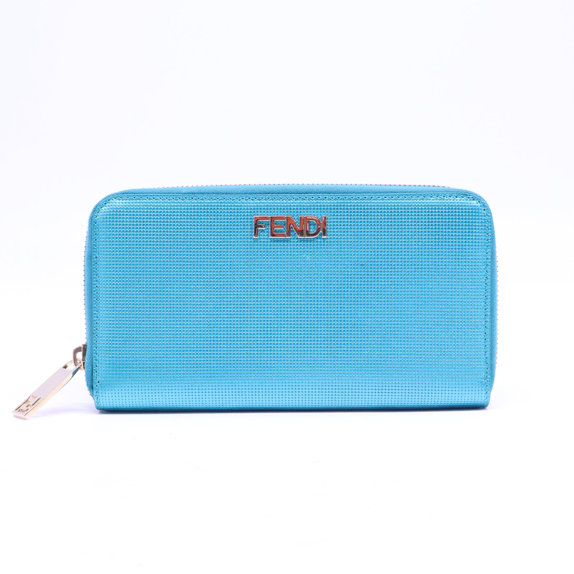 Fendi Metallic Blue Textured Leather Zip Around Continental Wallet W20894