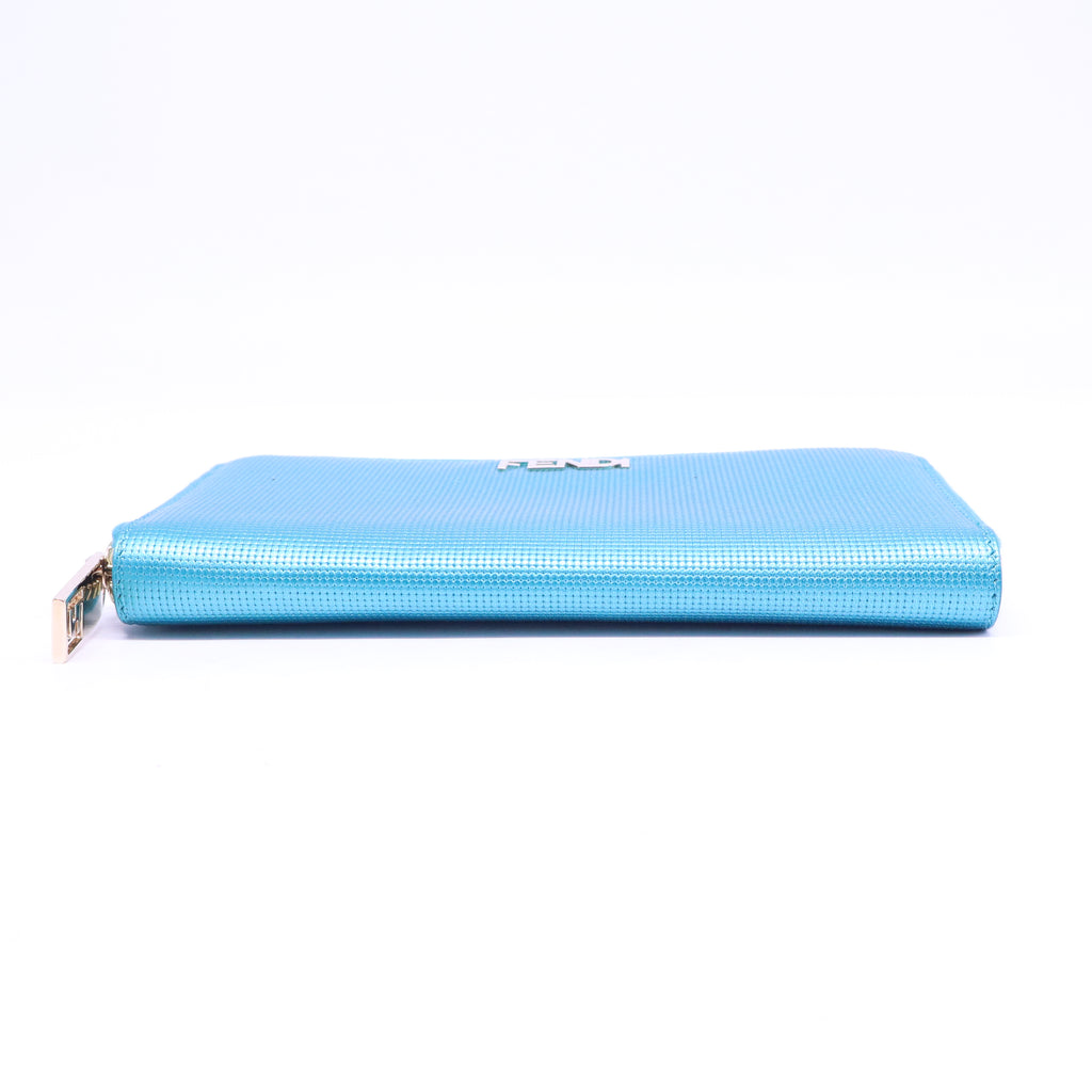 Fendi Metallic Blue Textured Leather Zip Around Continental Wallet W20894