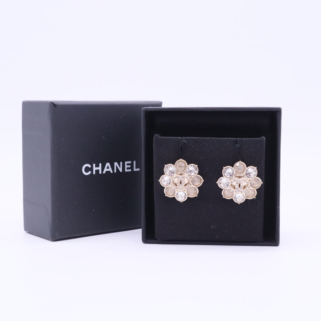 Gold CC Beige Crystal Snowflake  Piercing Earrings