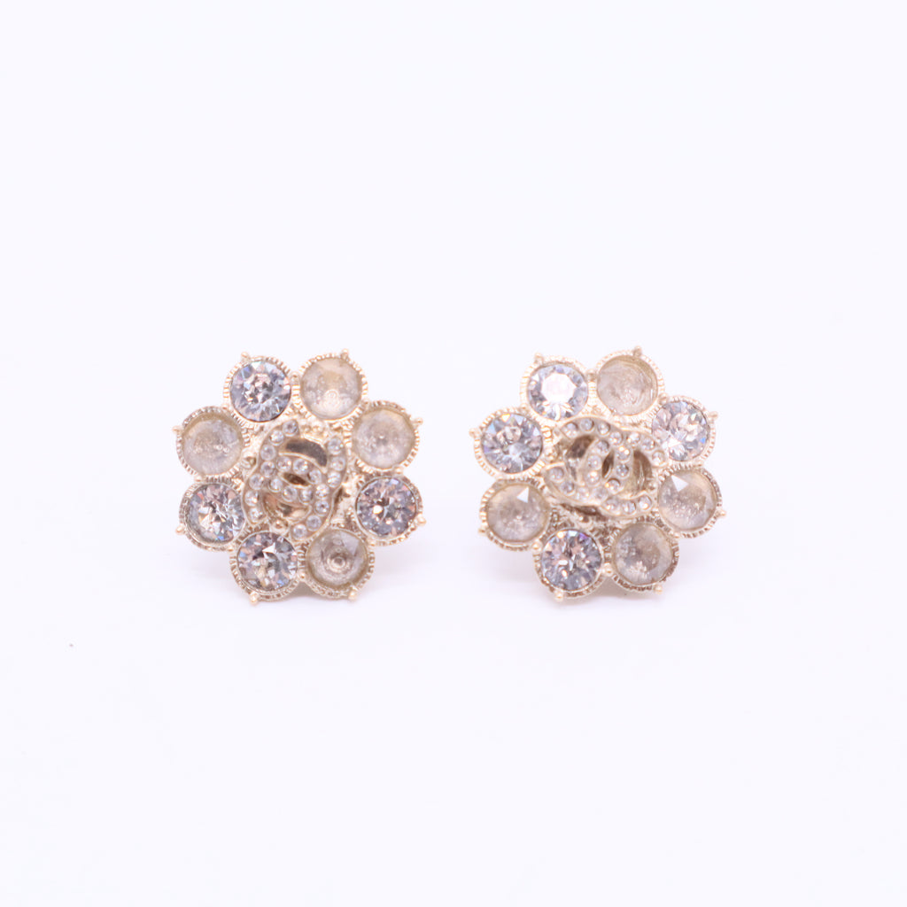 Gold CC Beige Crystal Snowflake  Piercing Earrings