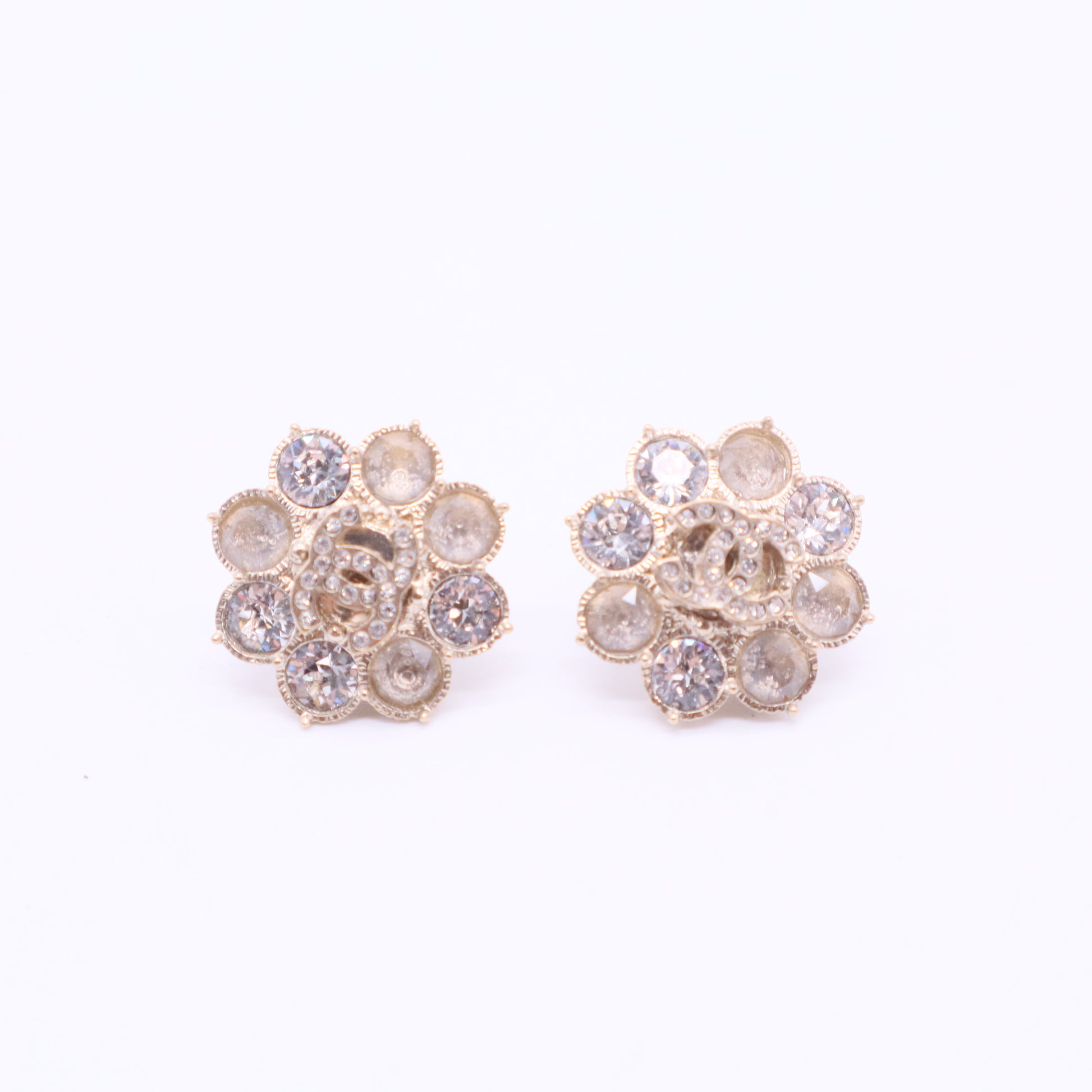 Gold CC Beige Crystal Snowflake  Piercing Earrings