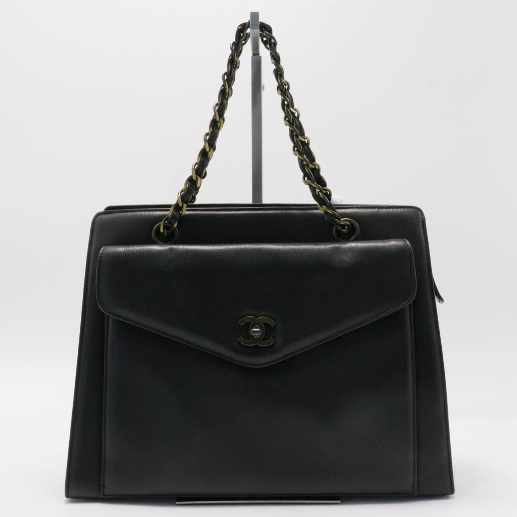 Chain Hand Bag Leather Black CC