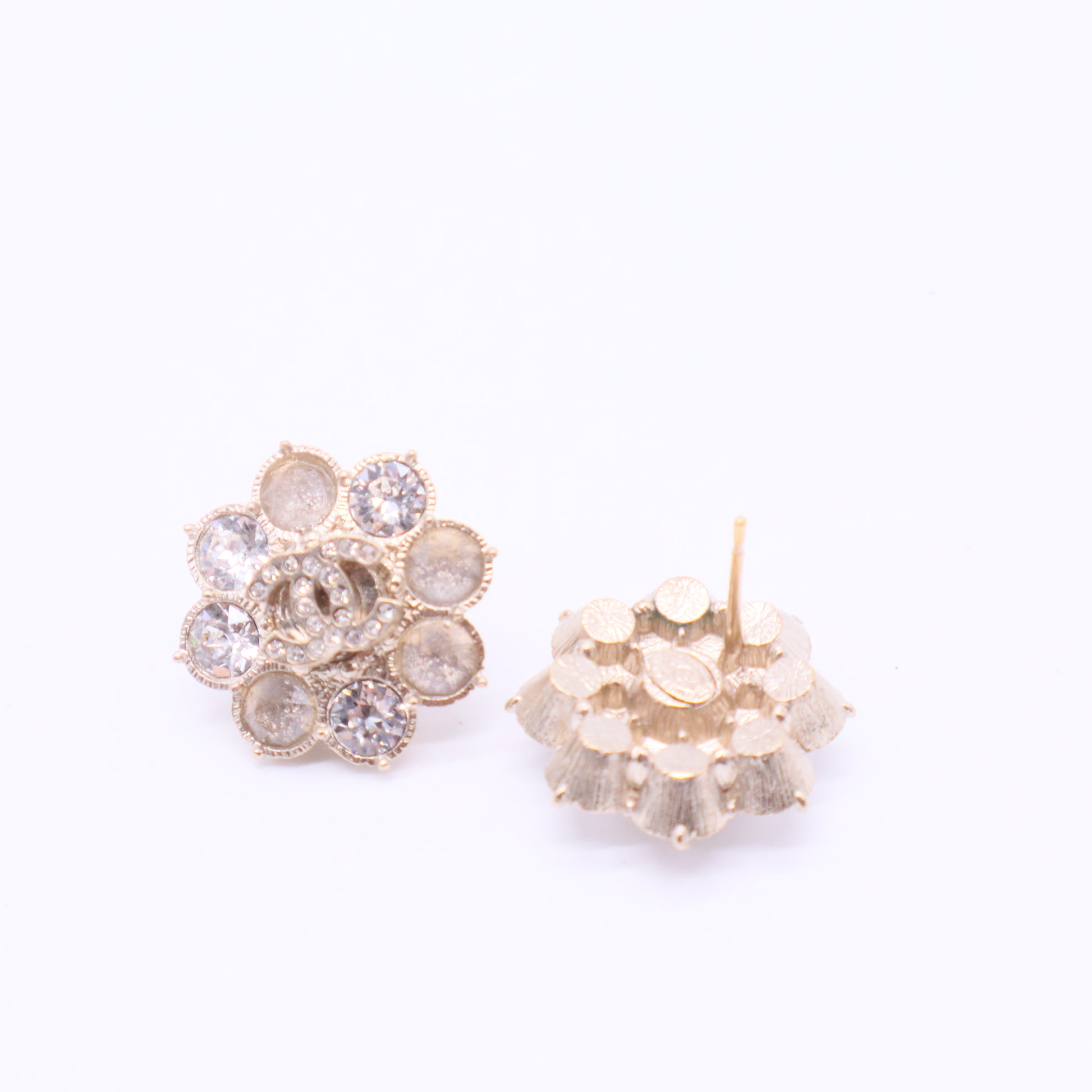 Gold CC Beige Crystal Snowflake  Piercing Earrings