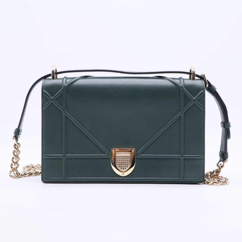 Green Grained Calfskin Leather Diorama Medium Flap Bag